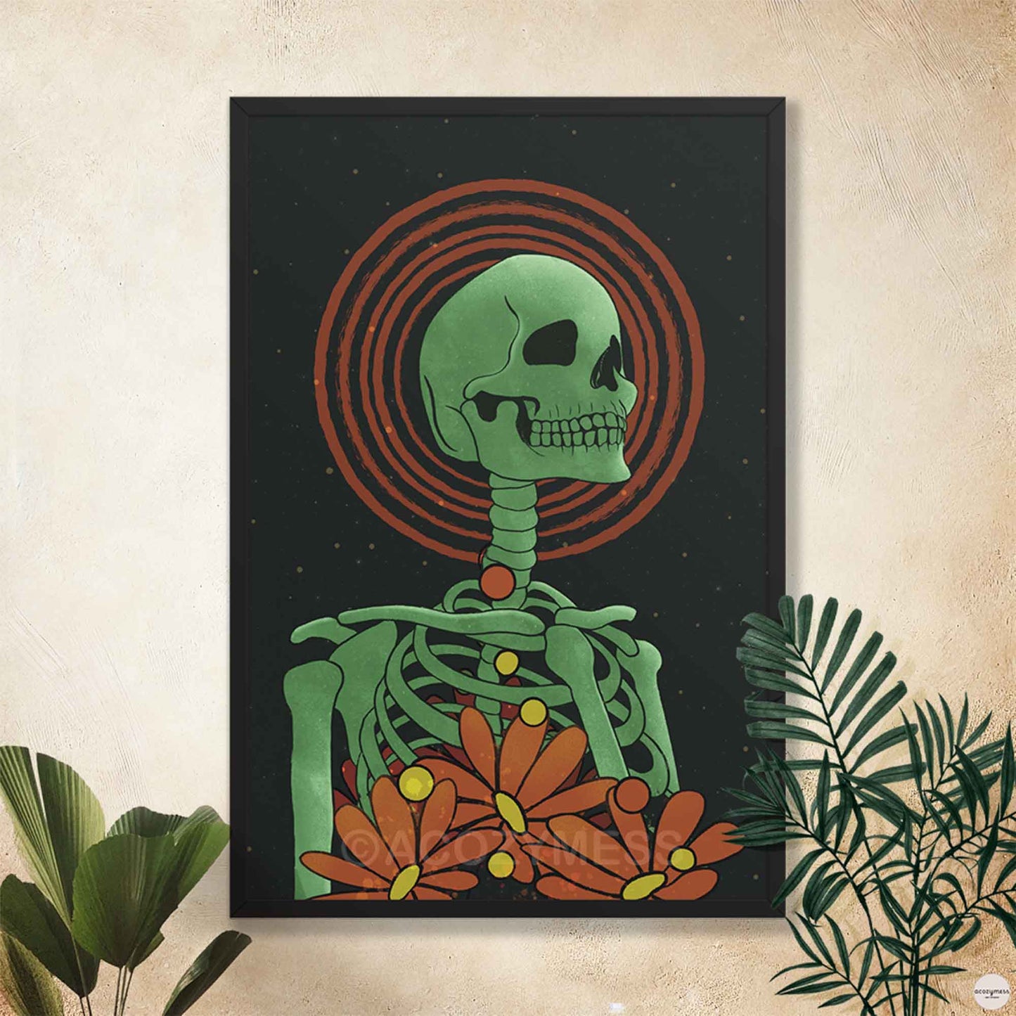 Bold skeleton with florals in black frame, contrasting beautifully against the star-speckled background.