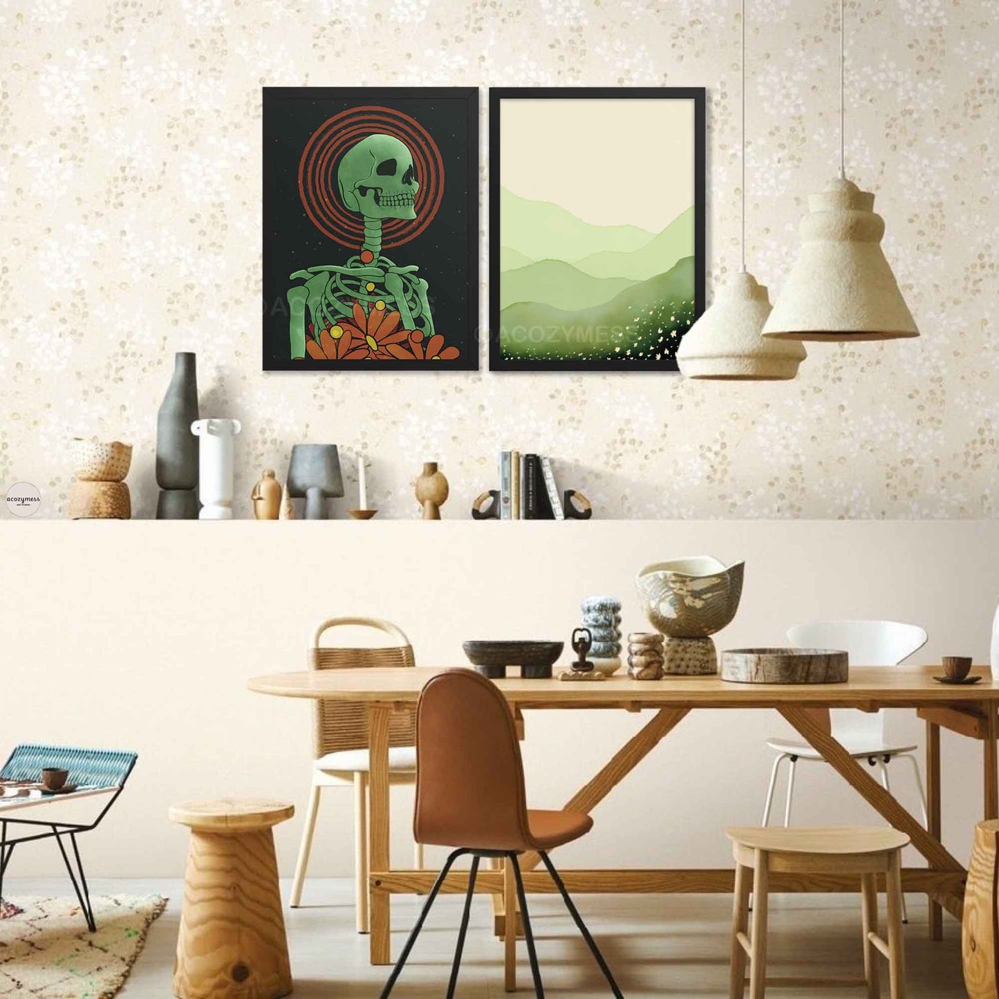 Skeleton wall art in black frame on a art gallery wall.