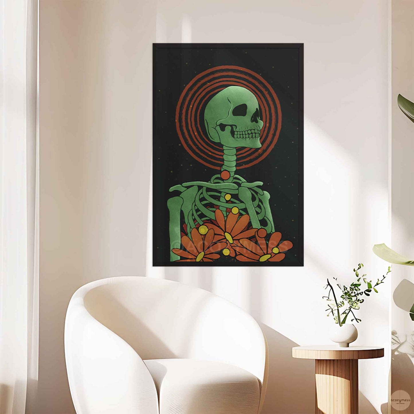 Floral Skeleton Art Print | Green Skeleton Poster with Starry Background