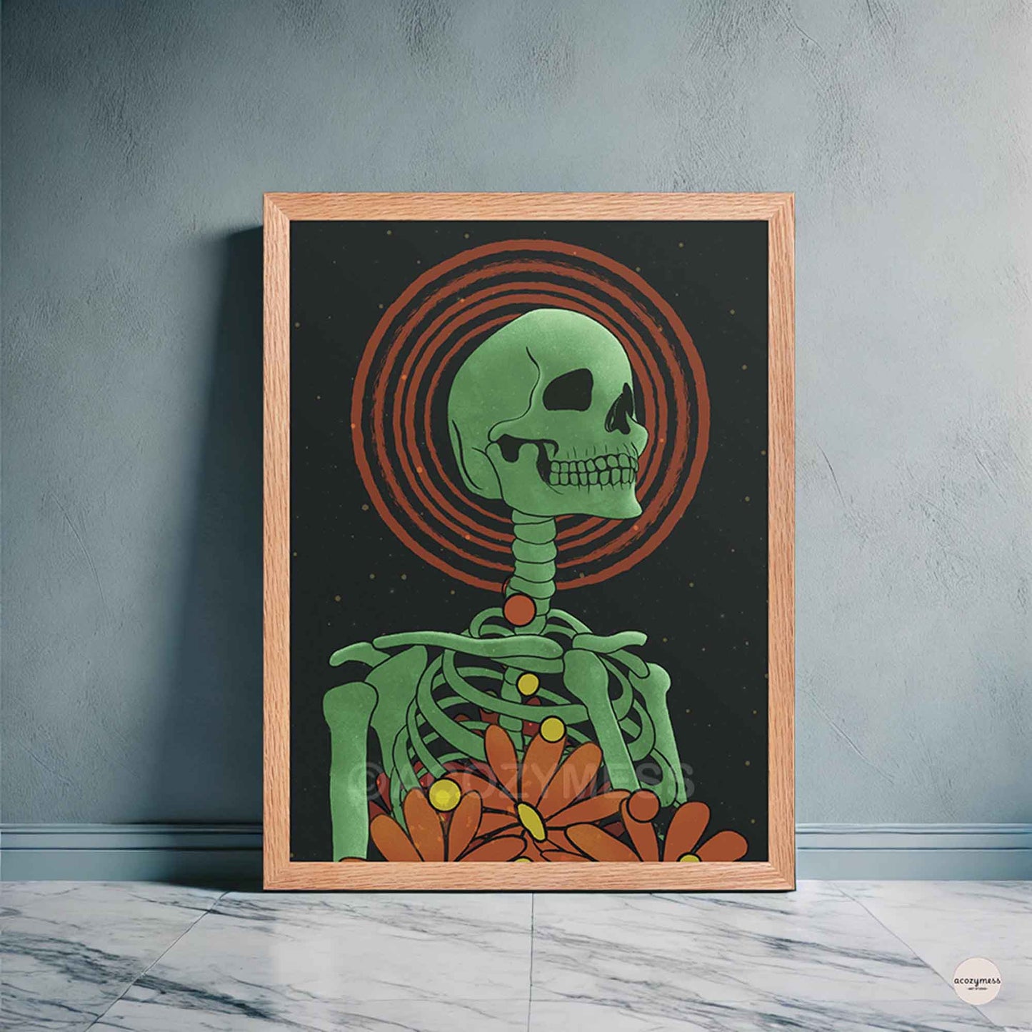 Green skeleton floral poster in oakwood frame, styled on a blue wall with moody decor.