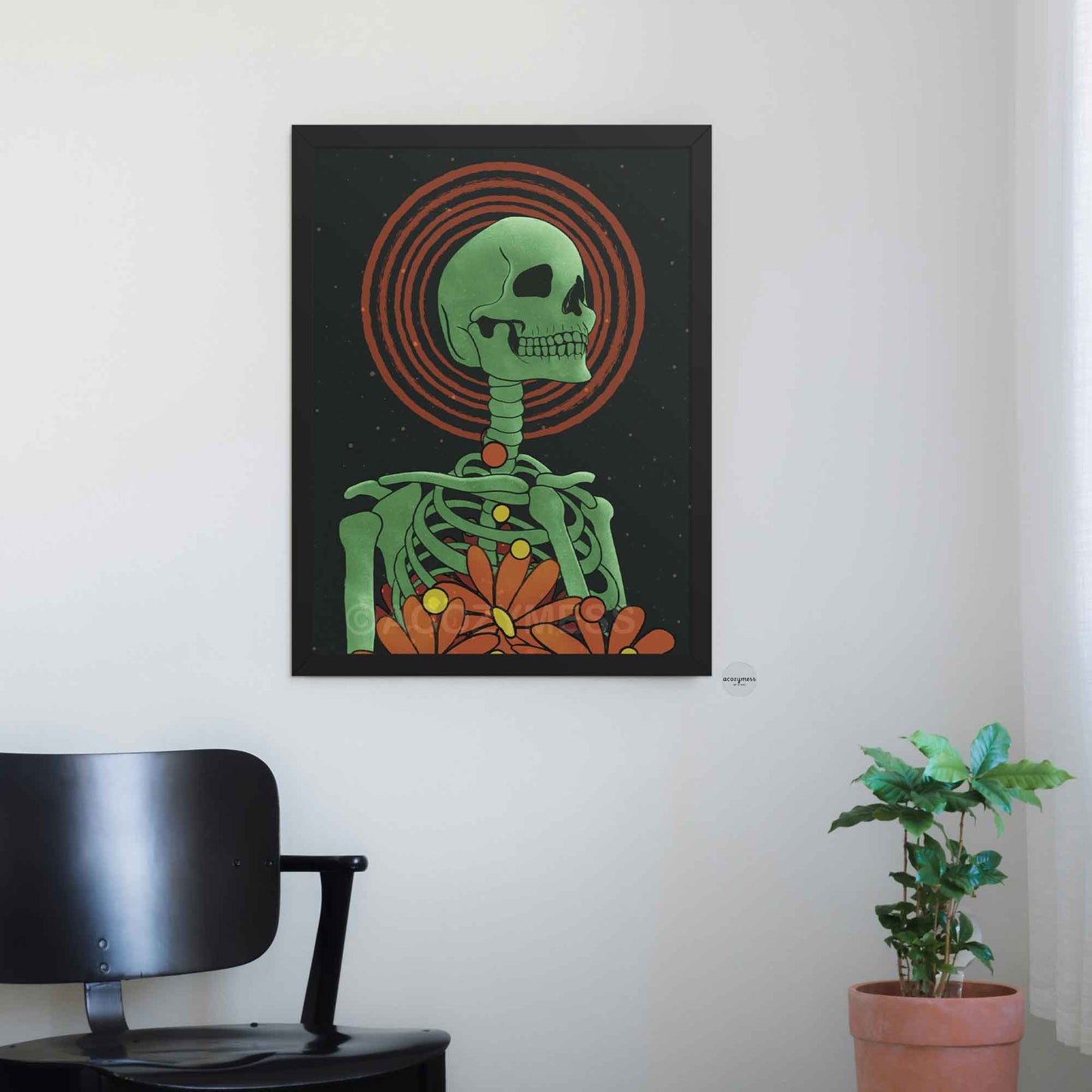 Floral Skeleton Art Print | Green Skeleton Poster with Starry Background