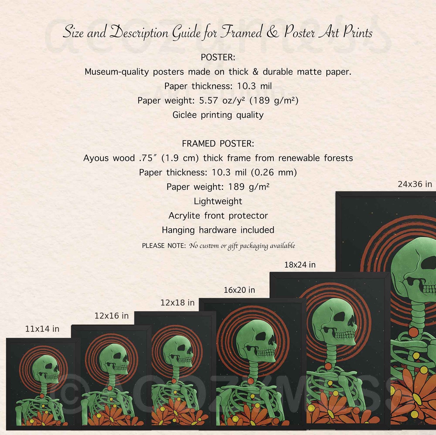 Poster layout showing green skeleton with floral accents, size chart, and paper details on dark celestial backdrop.