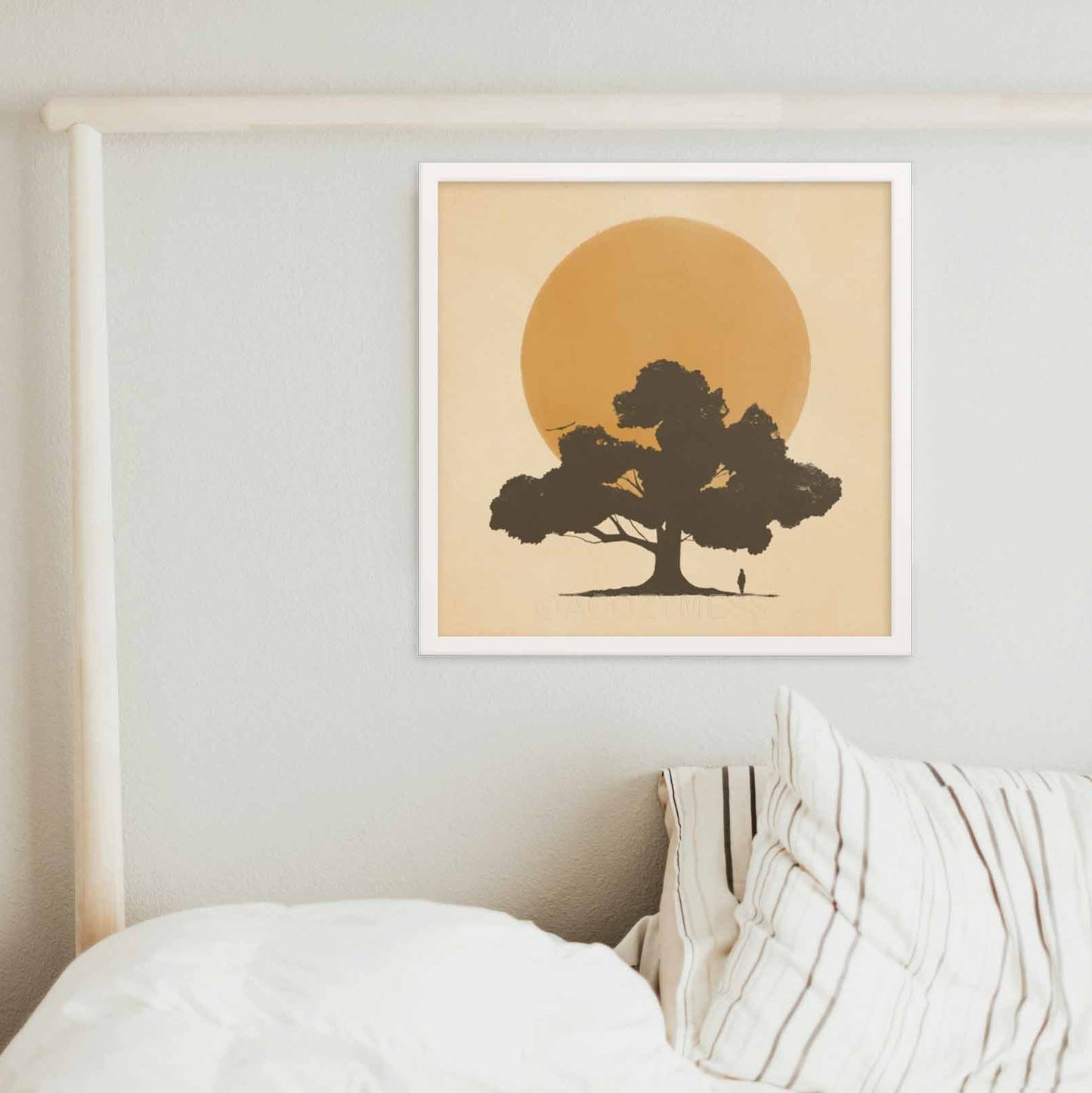 silhouette of a tree and a person in front of sun in yellow color art print in square frame