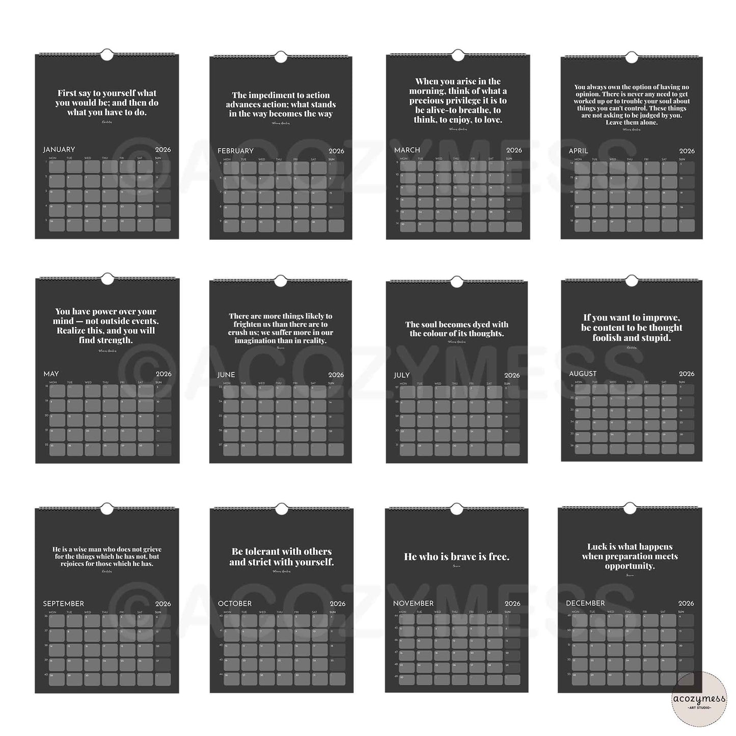 Black and white motivational calendar with daily affirmations