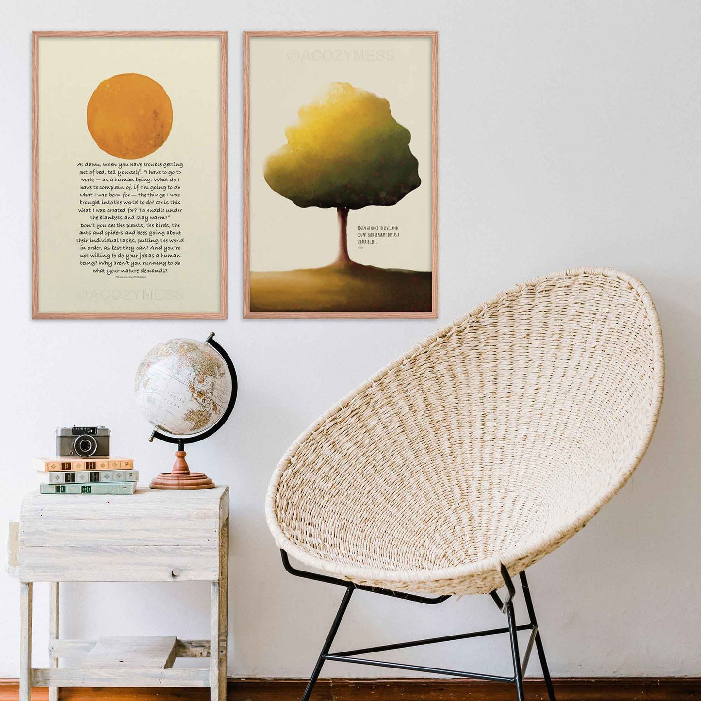 Morning Motivation marcus aurelius framed poster in oakwood frame with sun illustration and sececa, begin to live at once quote with tree art