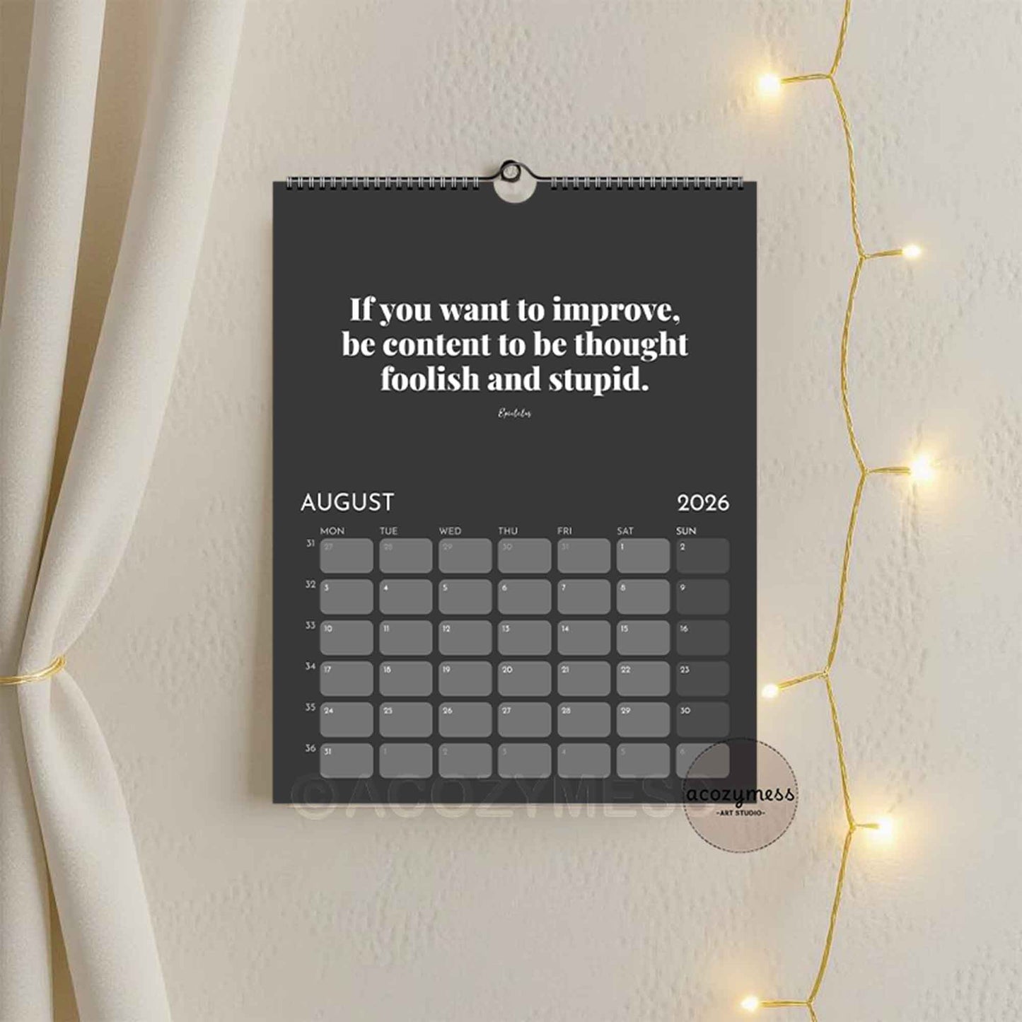 stoic calendar for year 2026 in black and white with quote for every month