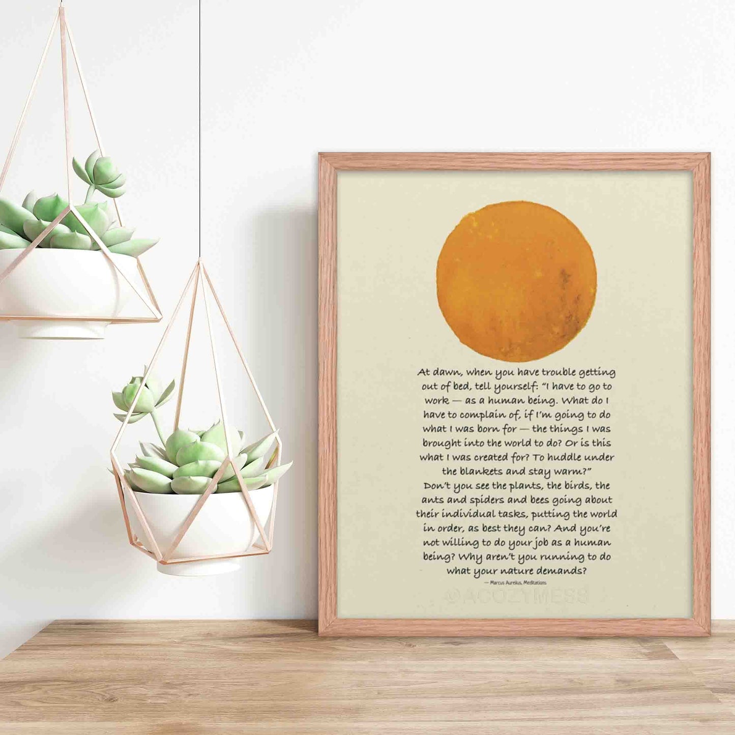 Morning Motivation marcus aurelius framed poster in oak wood with sun illustration