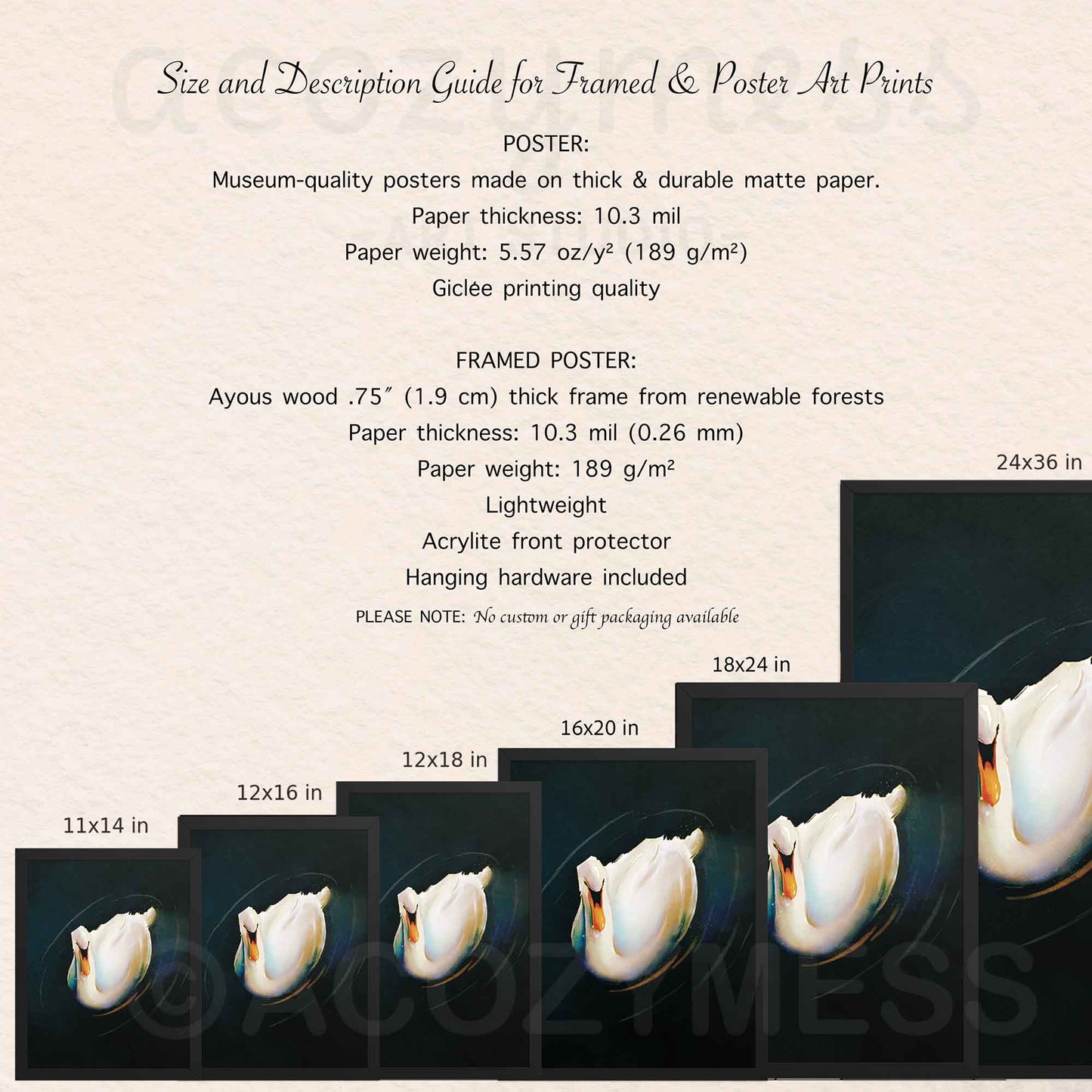 Size and description guide for framed and poster art prints with swan images.
