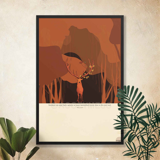 Marcus Aurelius on soul and inner peace quote poster with deer and forest illustration, displayed in a sleek black frame for a bold, modern finish.