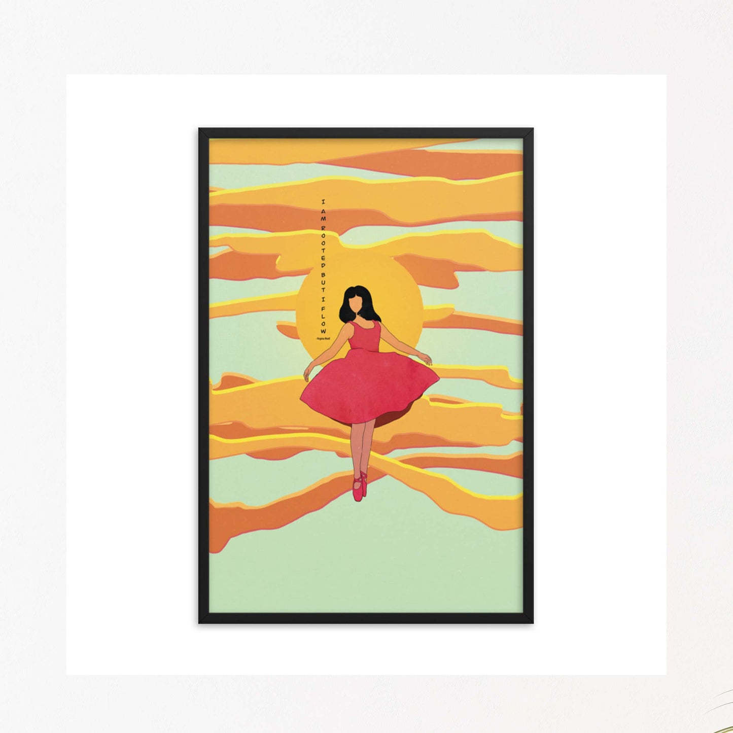 I am rooted but i flow, quote by Virginia Woolf with a colorful art illustration of a girl