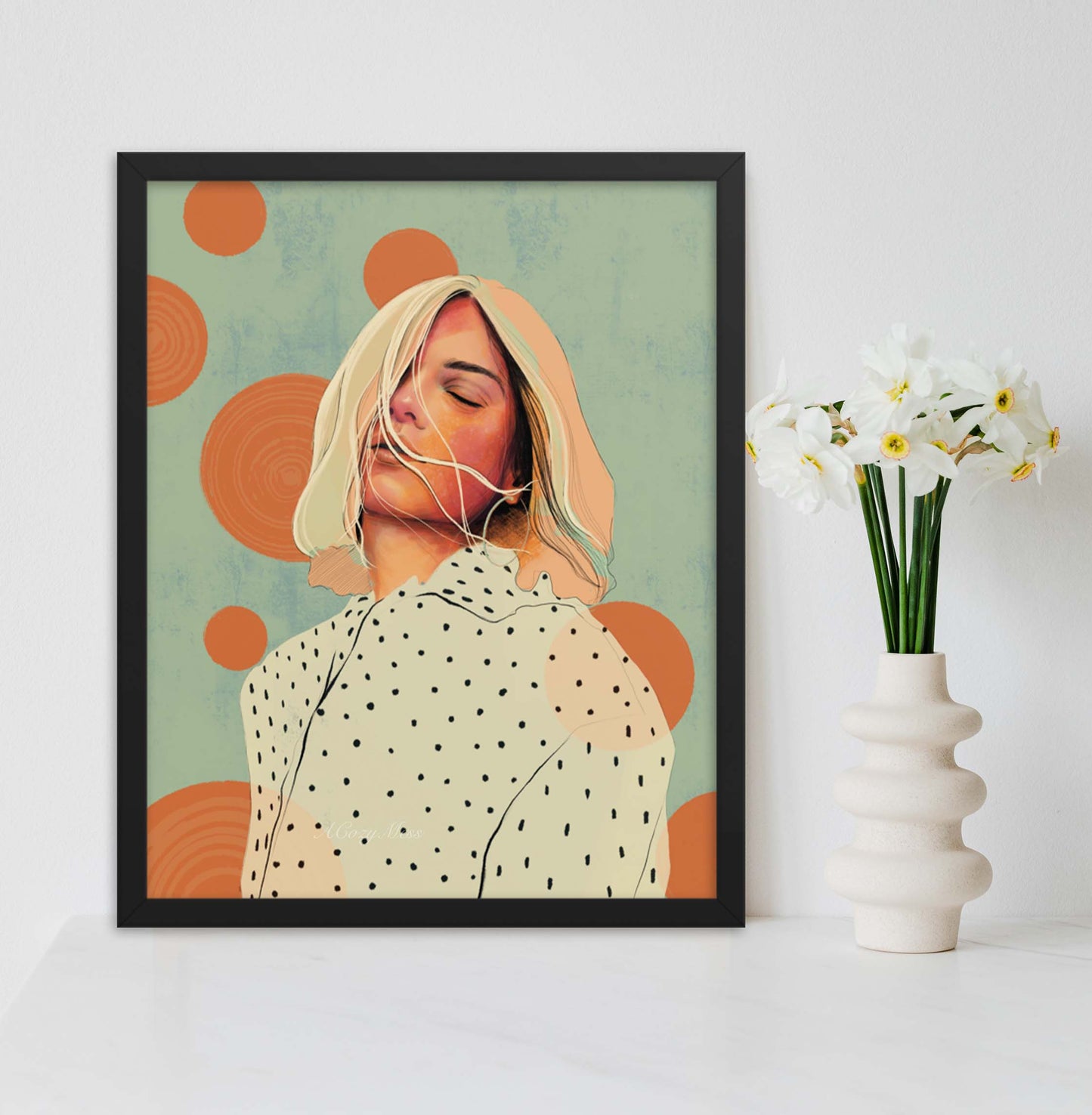 Woman wall art in blue, beige, black & black colors black framed poster retro style