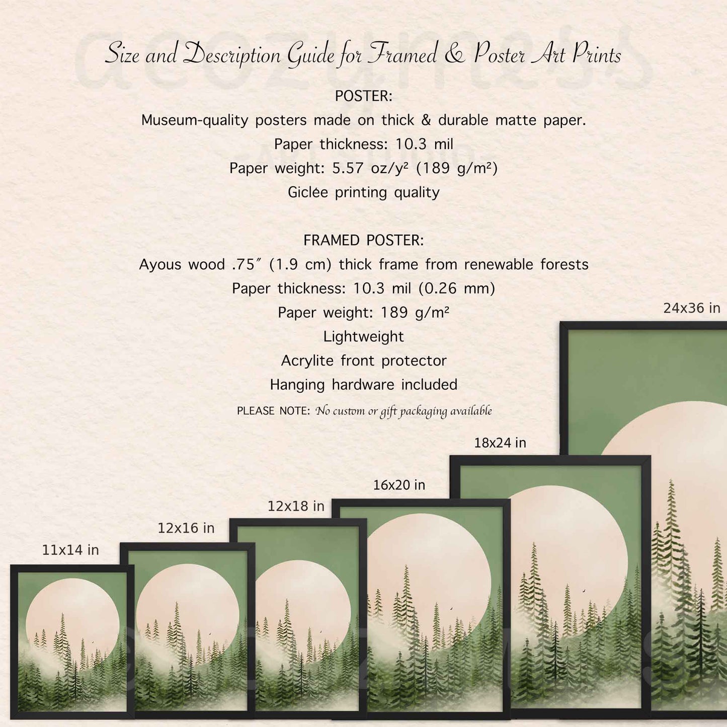 11x14, 12x16, 12x18, 16x20, 18x24, 20x30 framed and unframed poster options description