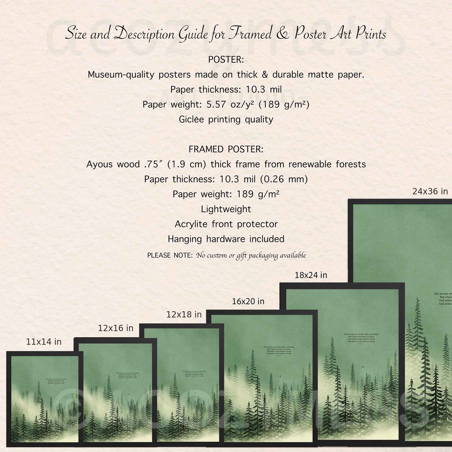 Size and description guide for framed and poster art prints with a forest scene design.