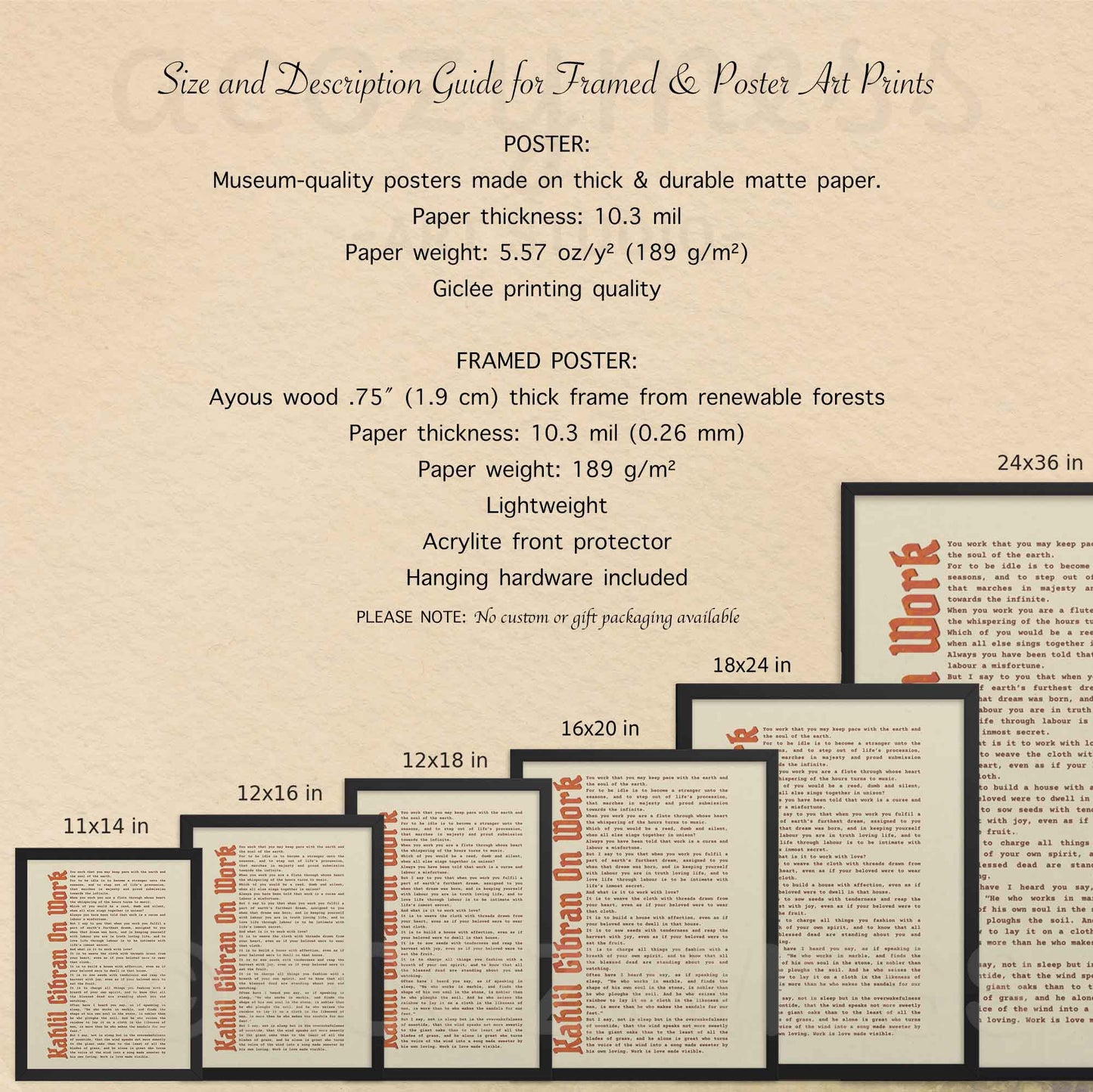 11x14, 12x16, 12x18, 16x20, 18x24, 20x30 framed and unframed poster options description guide