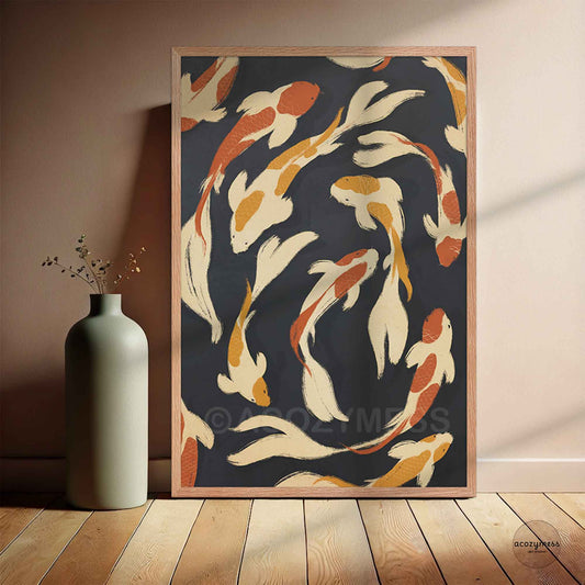 Beige, yellow, and orange fish in dark blue koi pond wall art displayed in an oakwood frame with a warm, natural finish.