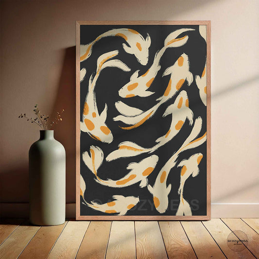 Abstract koi fish art in oakwood frame
