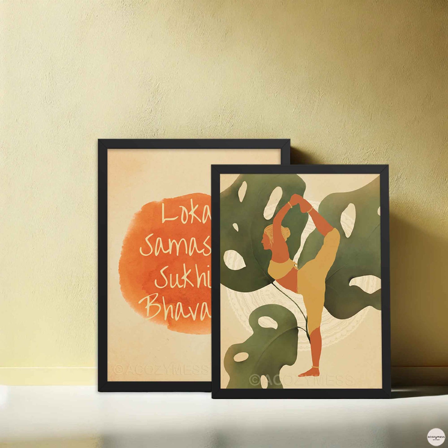Nature inspired Yoga room wall art in black frame.