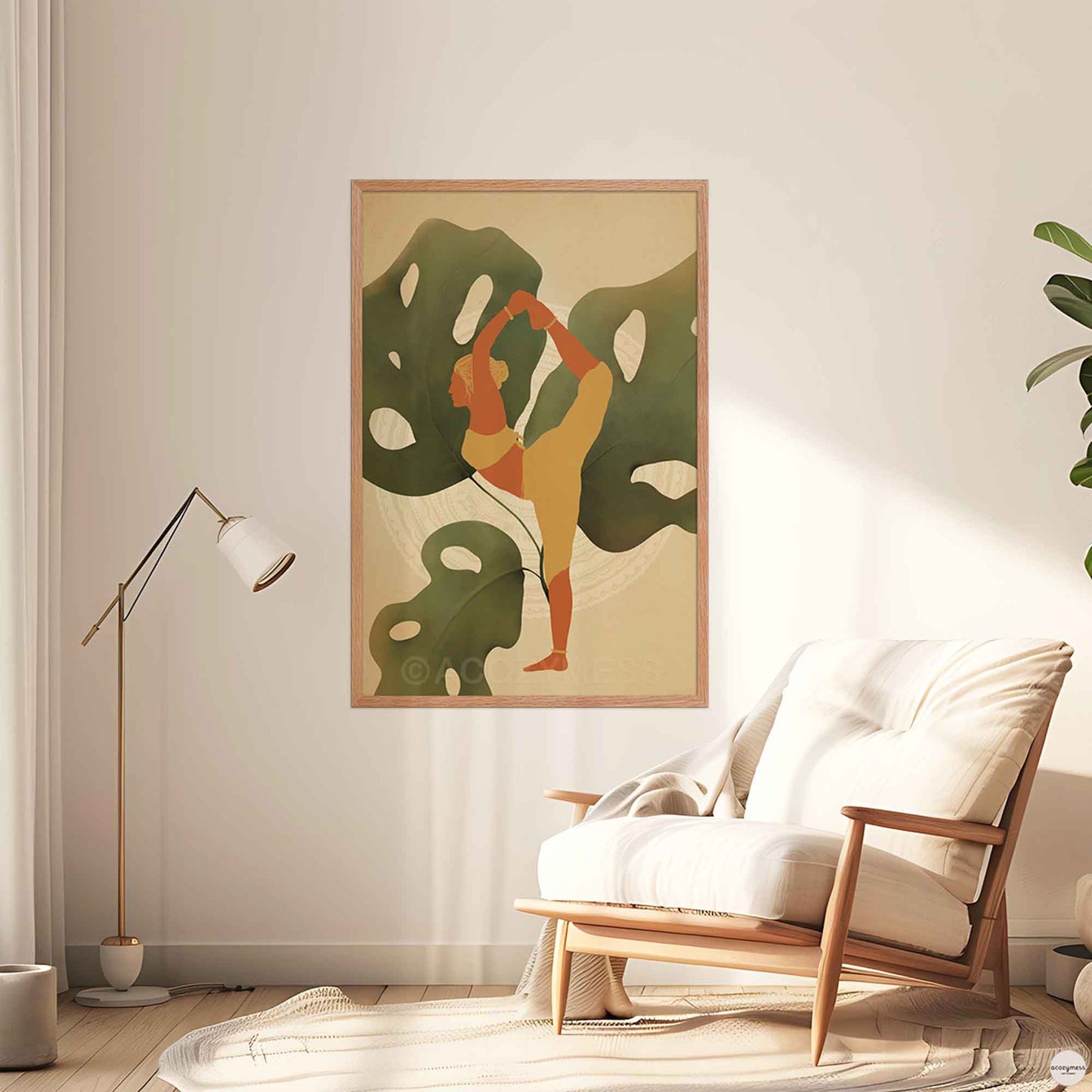 Yoga room wall art in oakwood frame.