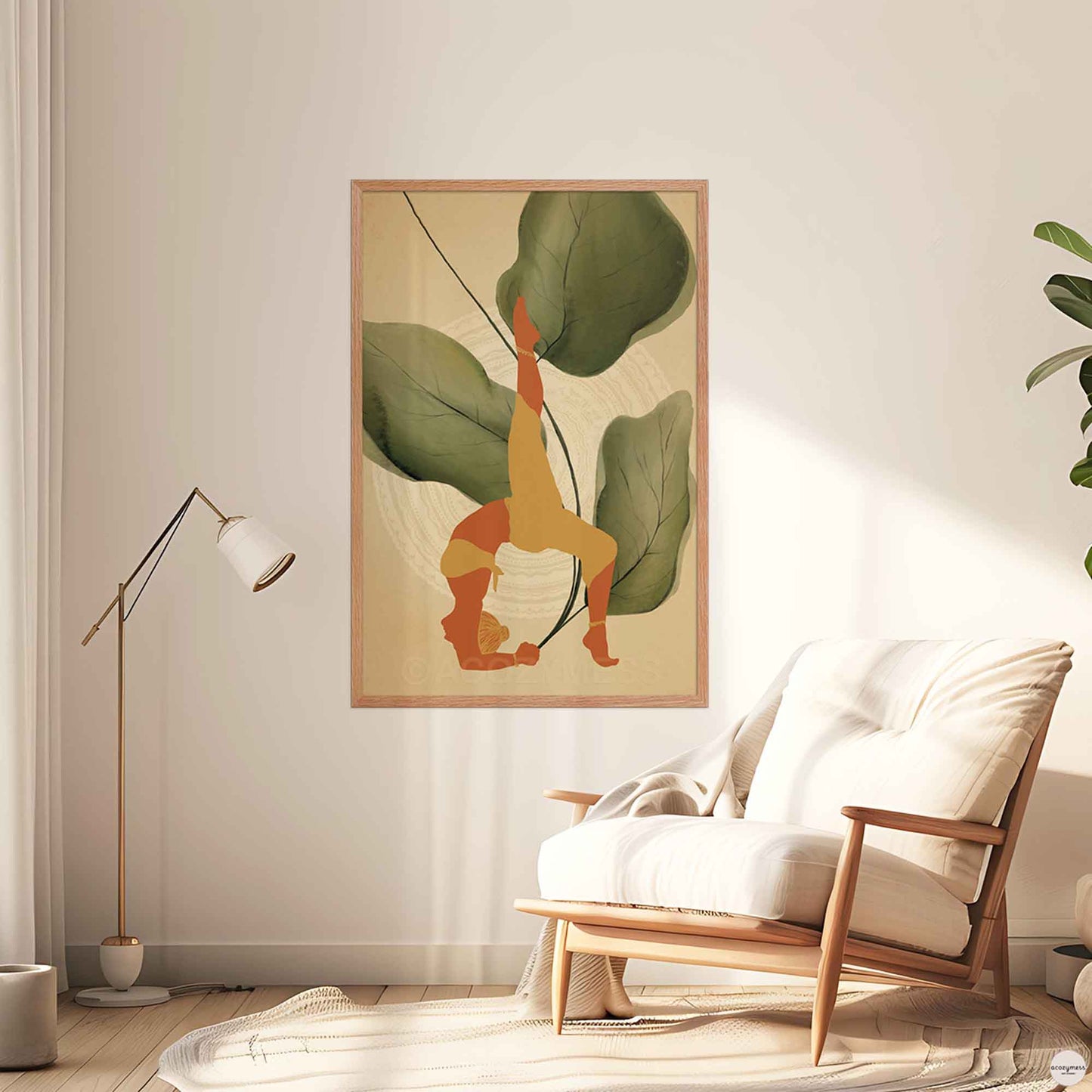 A oakwood-framed poster featuring an illustration of a woman in a yoga pose, set against a backdrop of large leafy plants and mandala art in earthy tones.