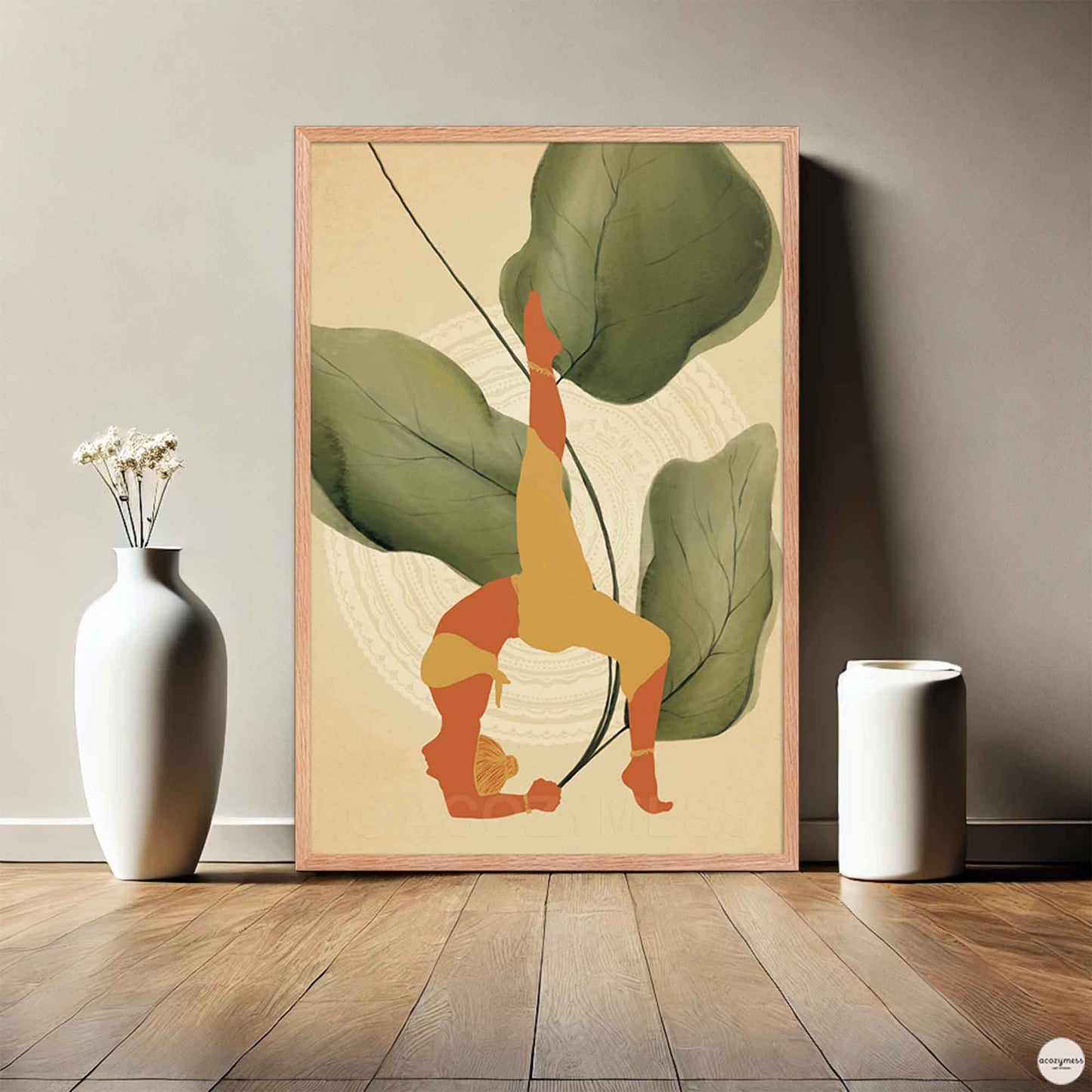 A oakwood-framed poster featuring an illustration of a woman in a yoga pose, set against a backdrop of large leafy plants in earthy tones. The calming design reflects balance, mindfulness, and a deep connection to nature—ideal for yoga or meditation spaces.