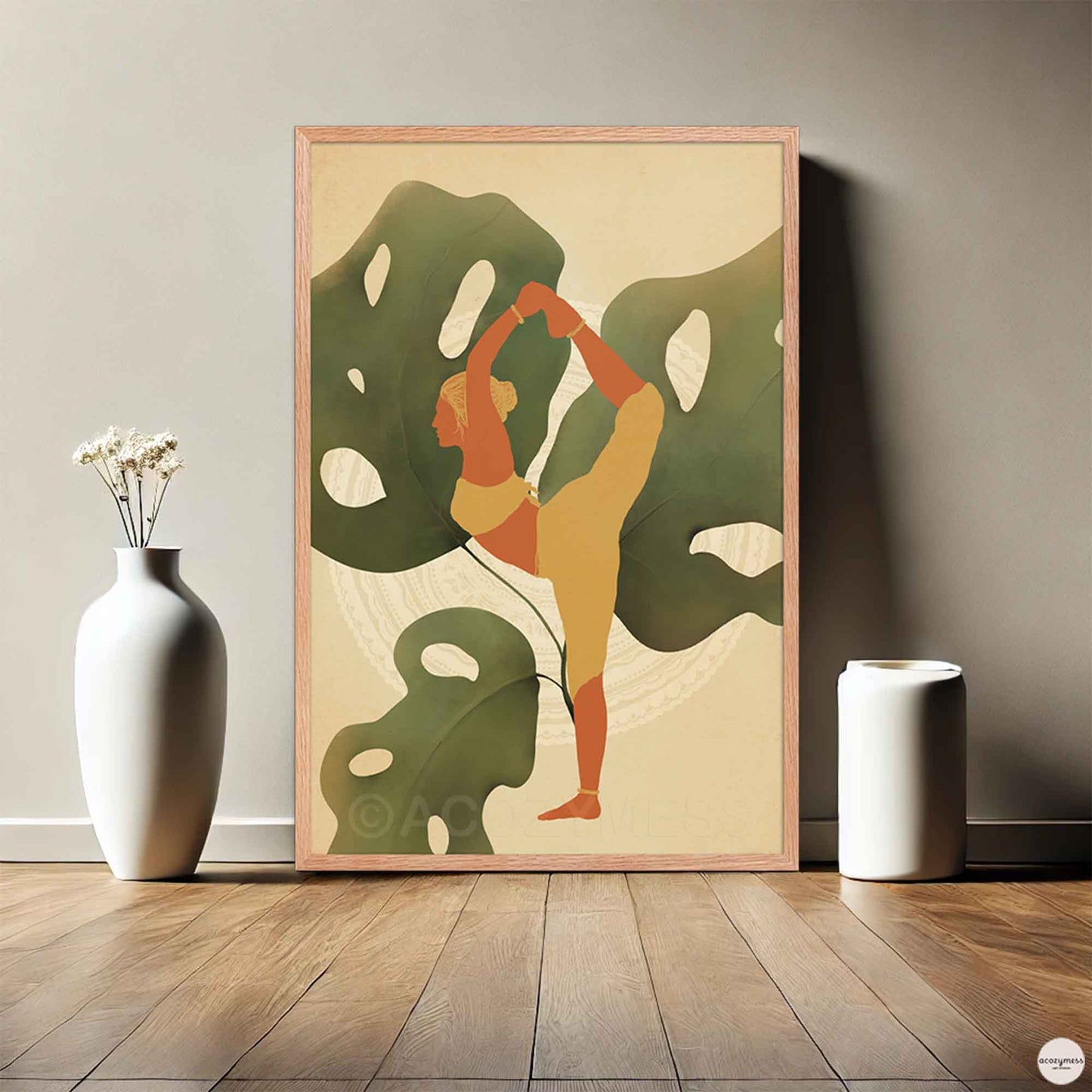 A oakwood-framed poster featuring an illustration of a woman in a yoga pose, set against a backdrop of large leafy plants in earthy tones. The calming design reflects balance, mindfulness, and a deep connection to nature—ideal for yoga or meditation spaces.