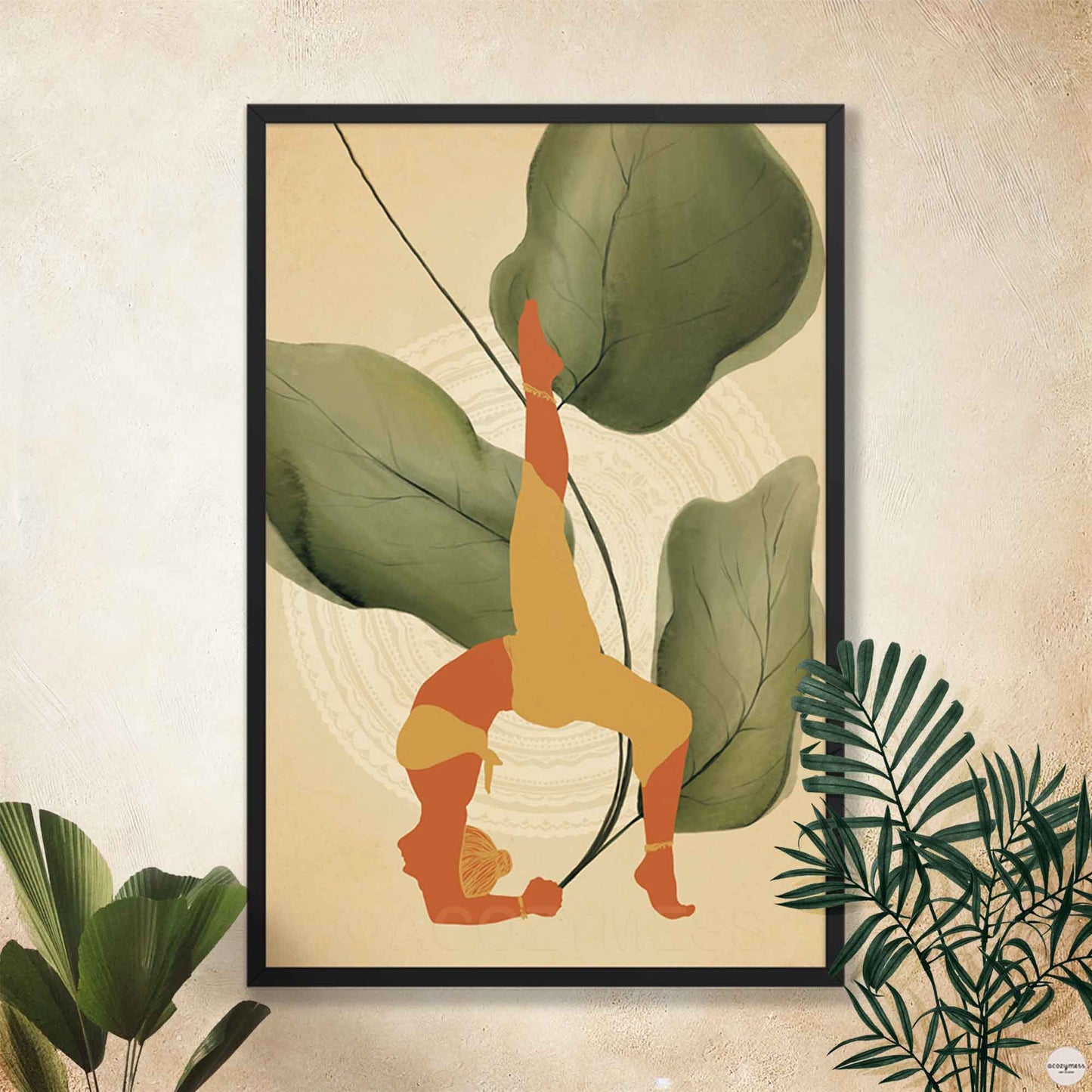 A black-framed poster featuring an illustration of a woman in a yoga pose, set against a backdrop of large leafy plants in earthy tones. The calming design reflects balance, mindfulness, and a deep connection to nature—ideal for yoga or meditation spaces.
