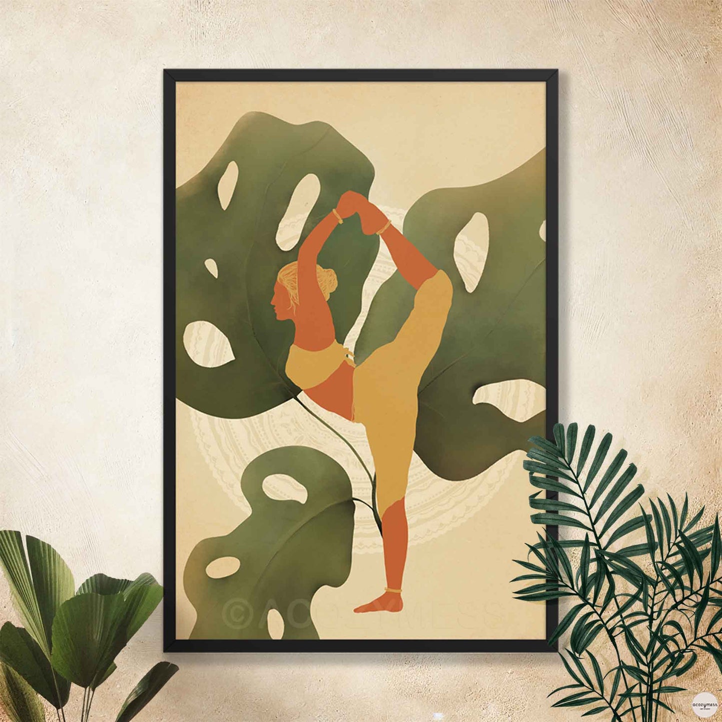 A black-framed poster featuring an illustration of a woman in a yoga pose, set against a backdrop of large leafy plants in earthy tones. The calming design reflects balance, mindfulness, and a deep connection to nature—ideal for yoga or meditation spaces.