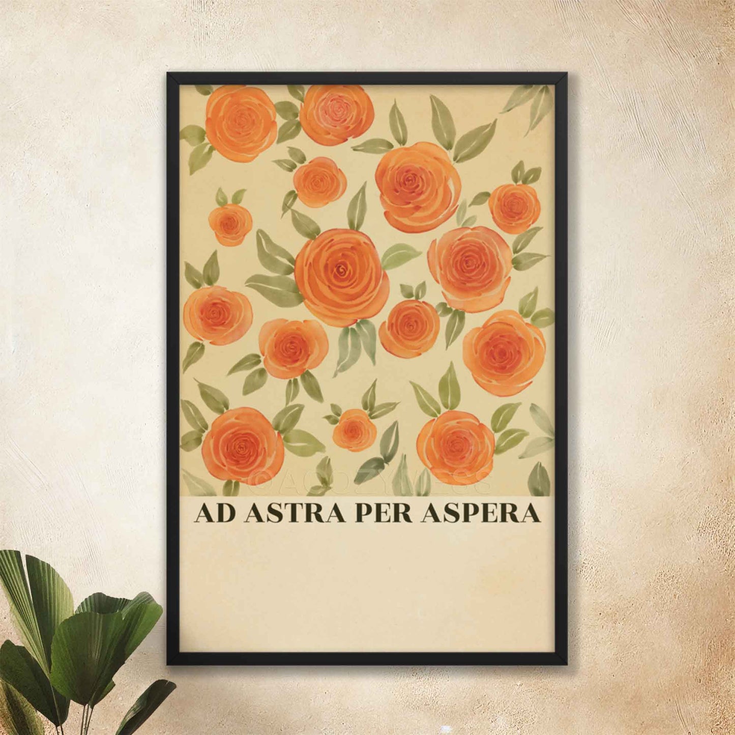 Latin phrase poster in black frame featuring an inspiring Latin phrase, Ad Astra Per Aspera, with elegant floral art, perfect for adding motivation and charm to your home or office decor.
