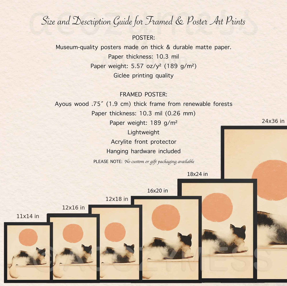 Size guide for minimalist cat looking at the sun art poster and framed print from 11x14 to 24x36 with paper and frame details