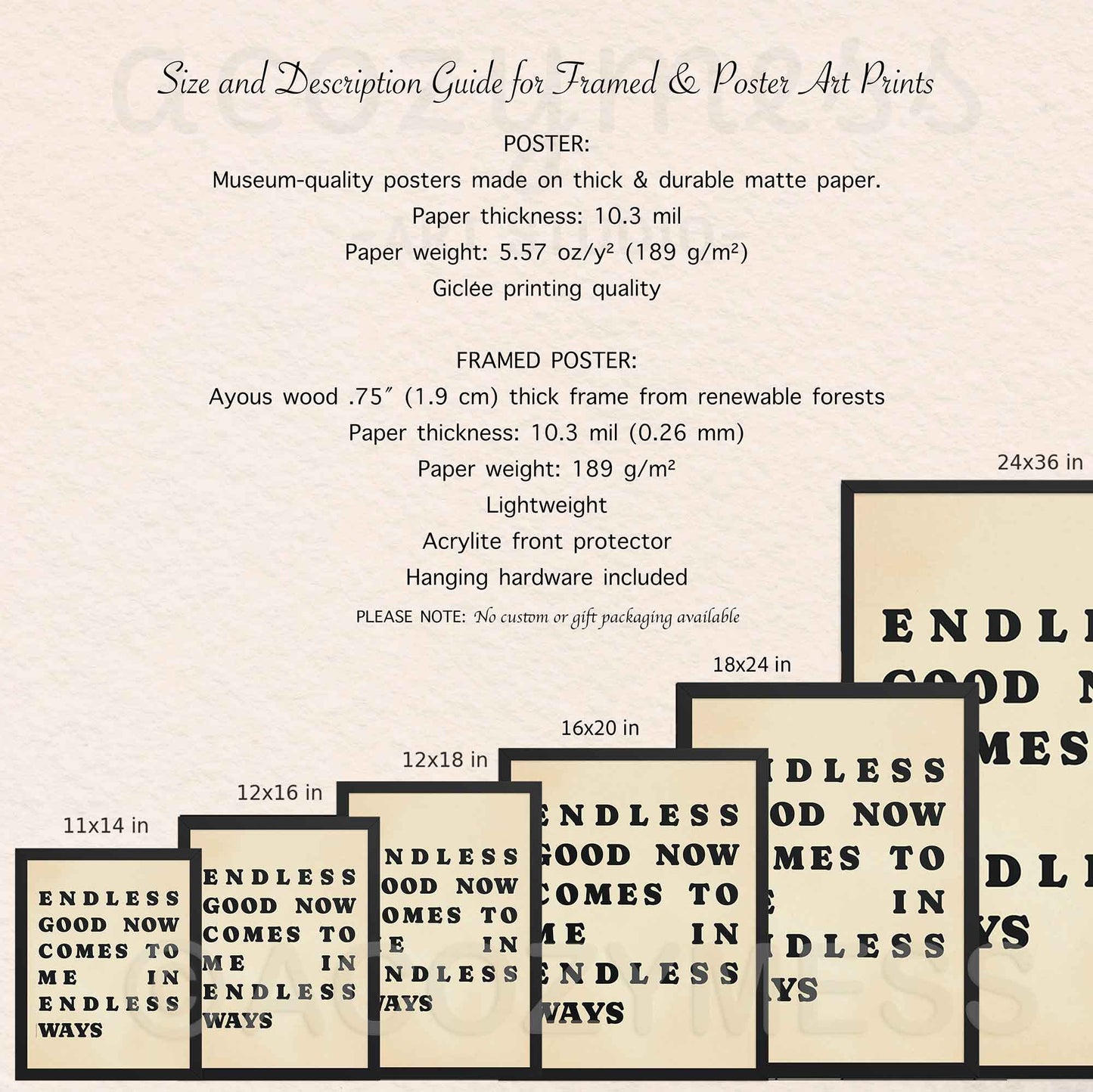 Graphic showing available poster sizes and framing options (black, white, oakwood, or unframed) with a beige background and elegant black typography.