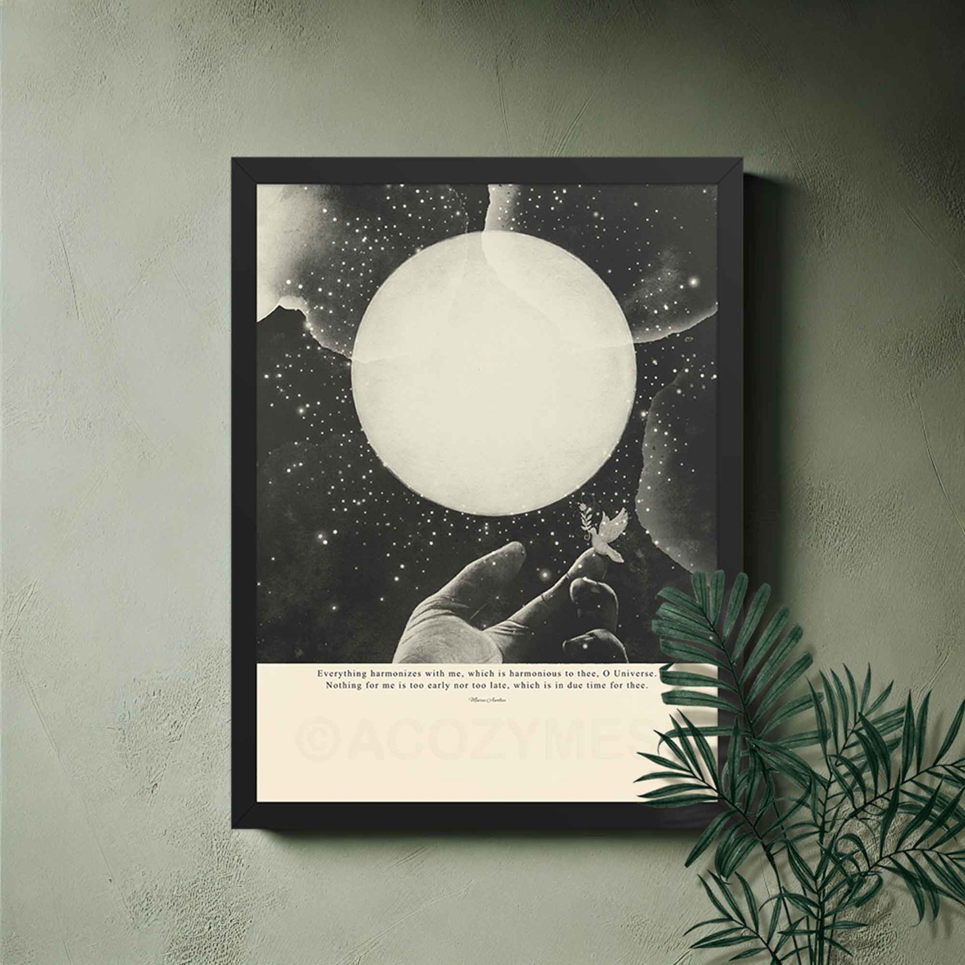 black and beige wall art with Marcus Aurelius quote “Everything harmonizes with me which is harmonious to thee, O Universe. Nothing for me is too early nor too late, which is in due time for thee.” framed poster with mystical cosmic illustration.