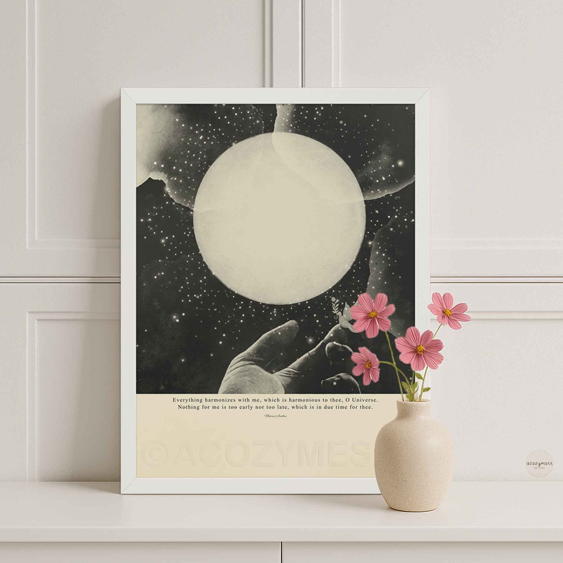 black and beige wall art with Marcus Aurelius quote “Everything harmonizes with me which is harmonious to thee, O Universe. Nothing for me is too early nor too late, which is in due time for thee.” white framed poster with mystical cosmic illustration