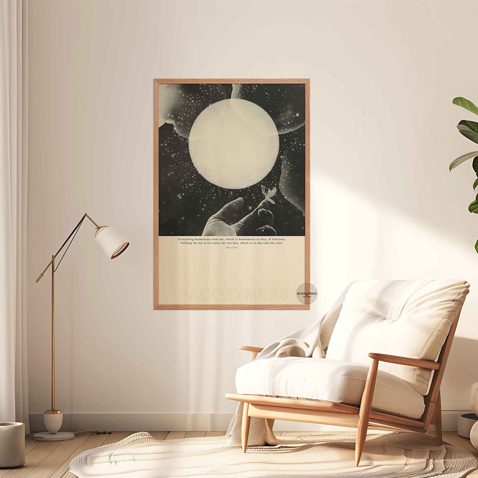 black and beige wall art with Marcus Aurelius quote “Everything harmonizes with me which is harmonious to thee, O Universe. Nothing for me is too early nor too late, which is in due time for thee.” oakwood framed poster with mystical cosmic illustration.