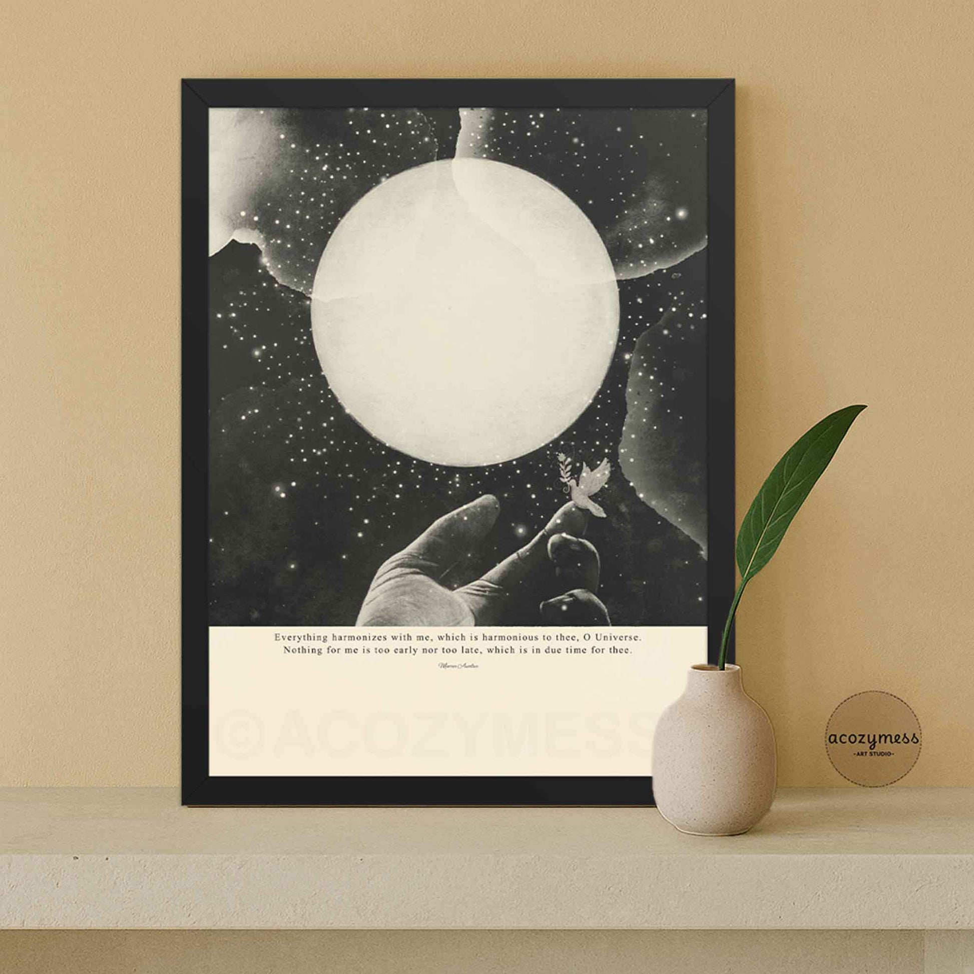 Philosophy art print with Marcus Aurelius quote “Nothing is too early nor too late, which is in due time for thee” in modern minimalist style, black and beige mystical design.