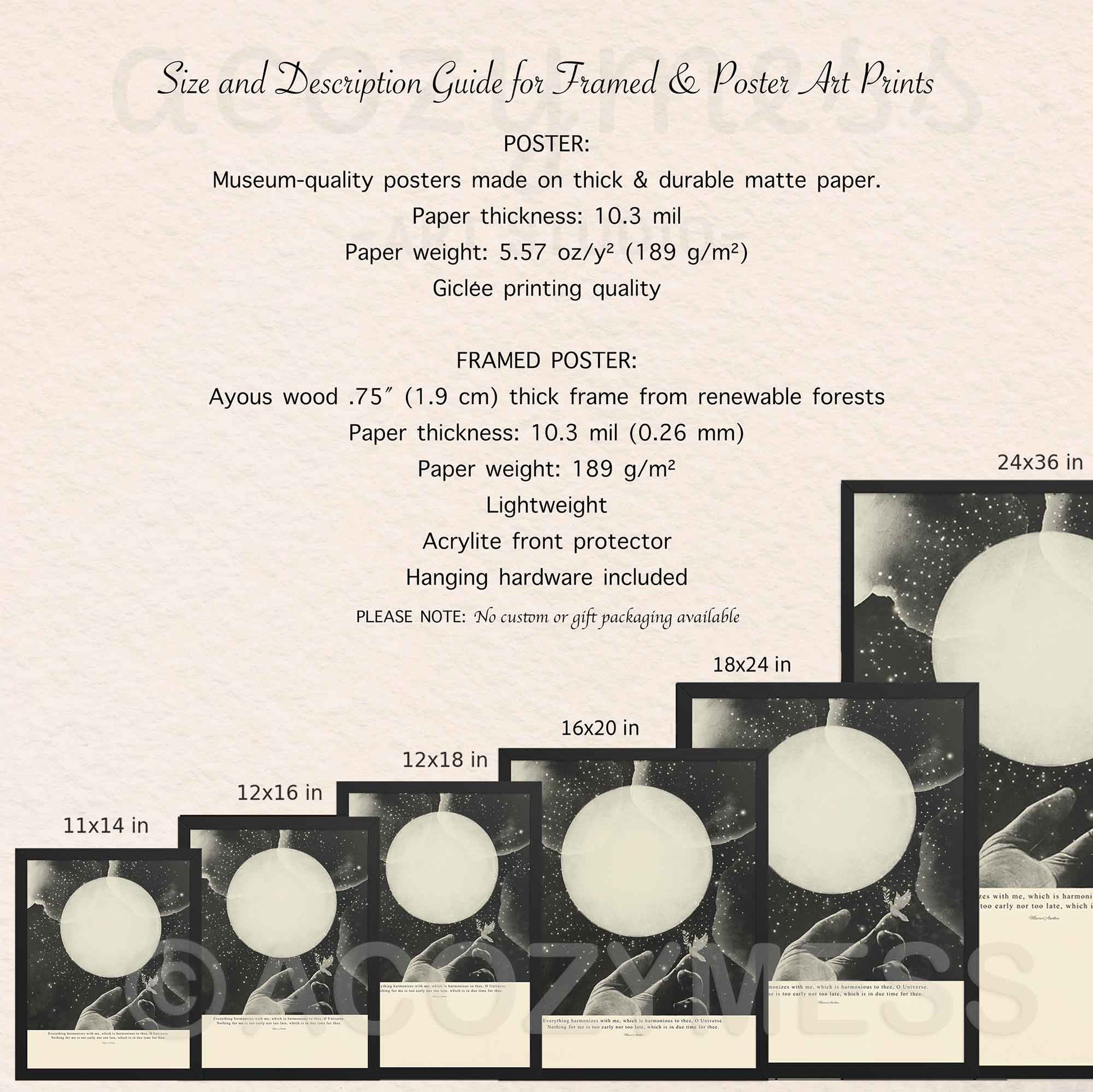 Size and description guide for framed and poster art prints with dimensions and material details.