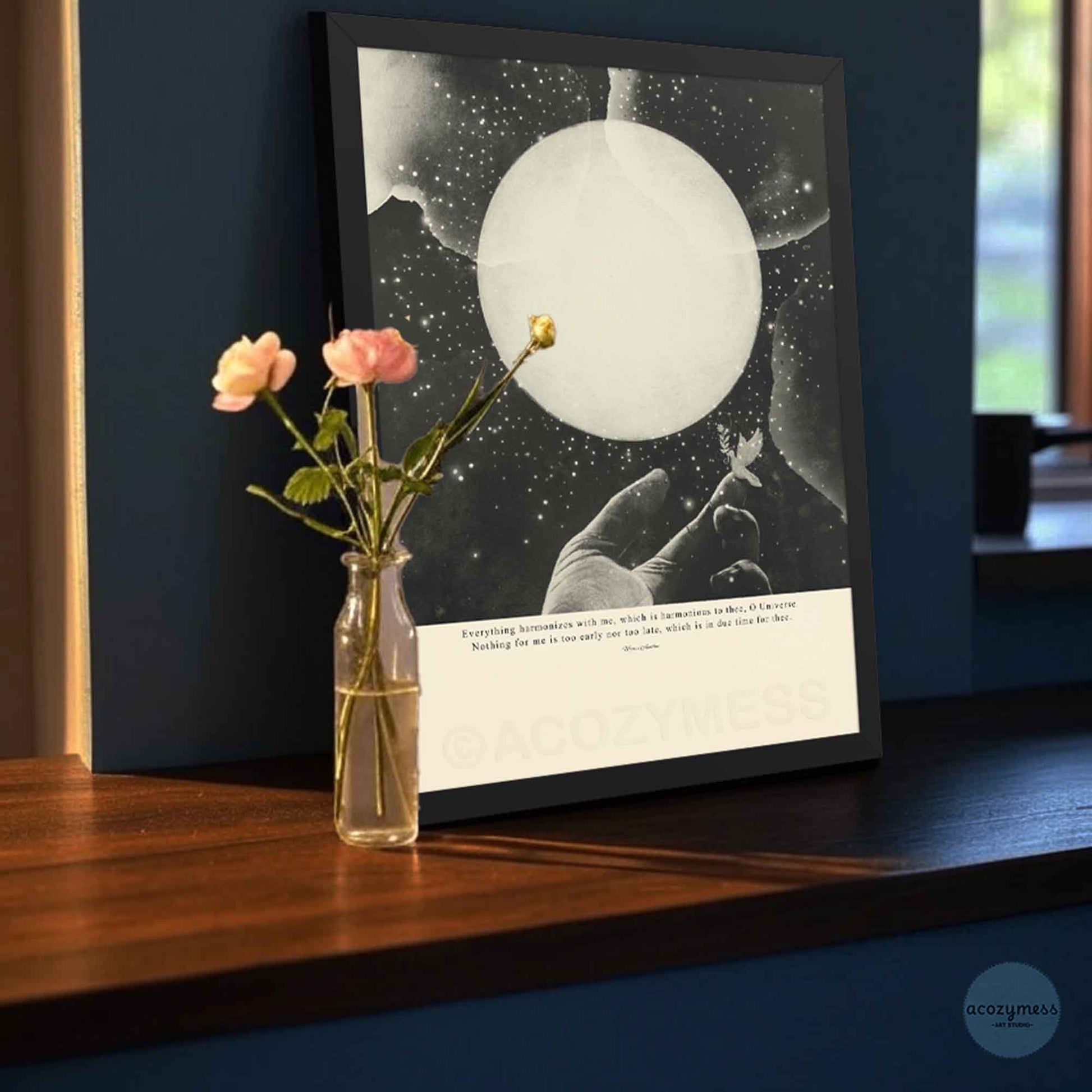 Meditations quote poster by Marcus Aurelius in black and beige, mystical celestial inspired artwork for Stoic philosophy wall decor.