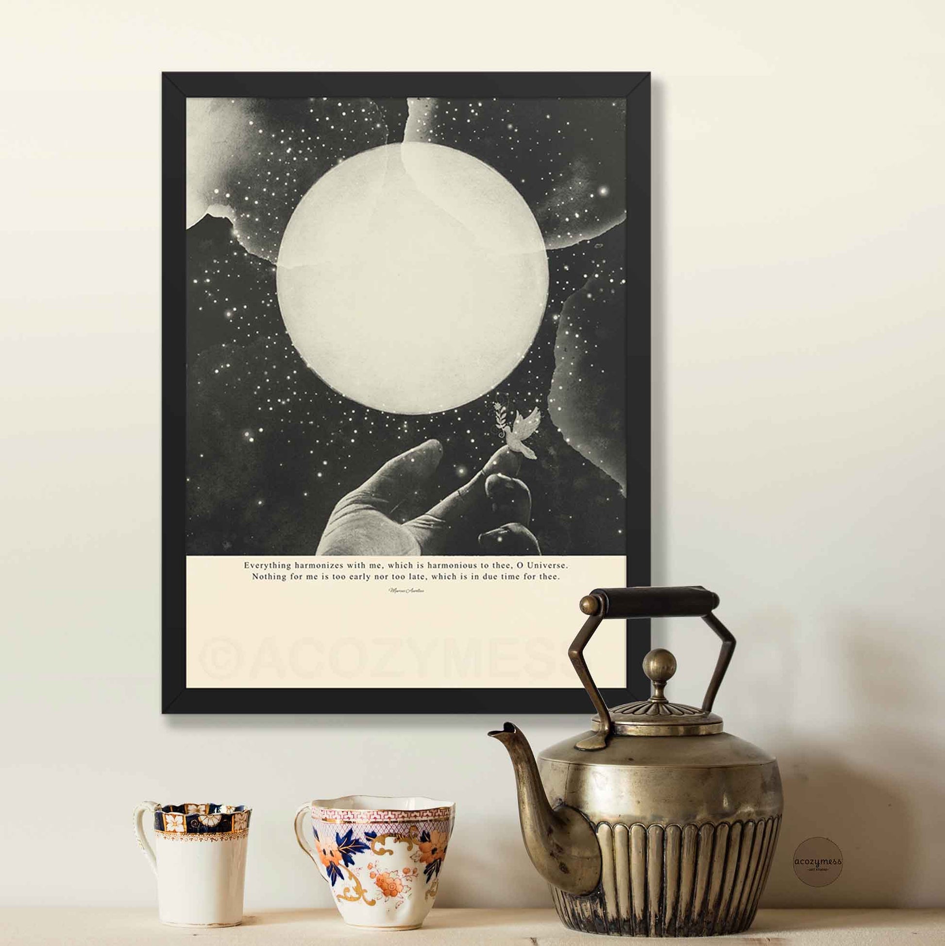 Philosophy art print with Marcus Aurelius quote “Nothing is too early nor too late, which is in due time for thee” in modern minimalist style, black and beige mystical design in black frame