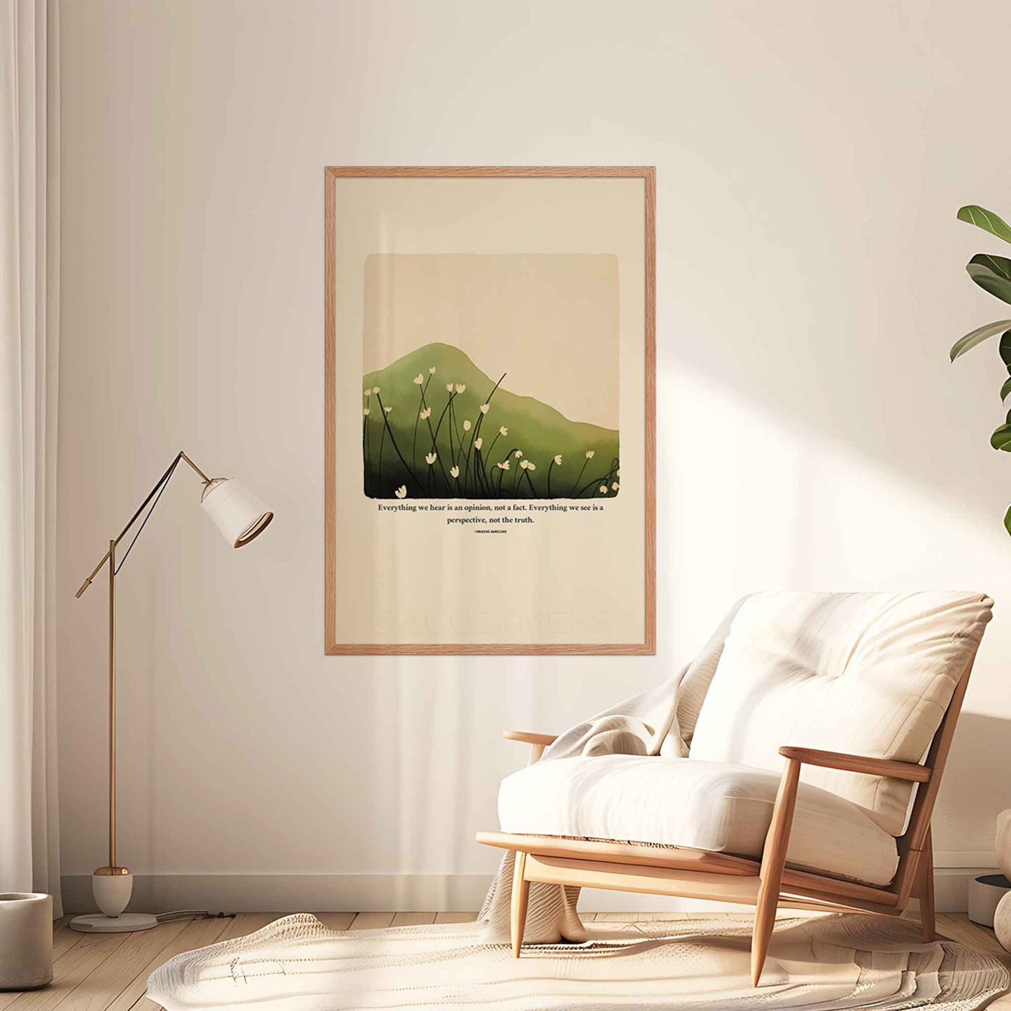 A stoic poster in oakwood frame featuring Marcus Aurelius' quote, "Everything we hear is an opinion, not a fact. Everything we see is a perspective, not the truth," along with a serene nature illustration of a green hill or mountain with delicate white flowers.