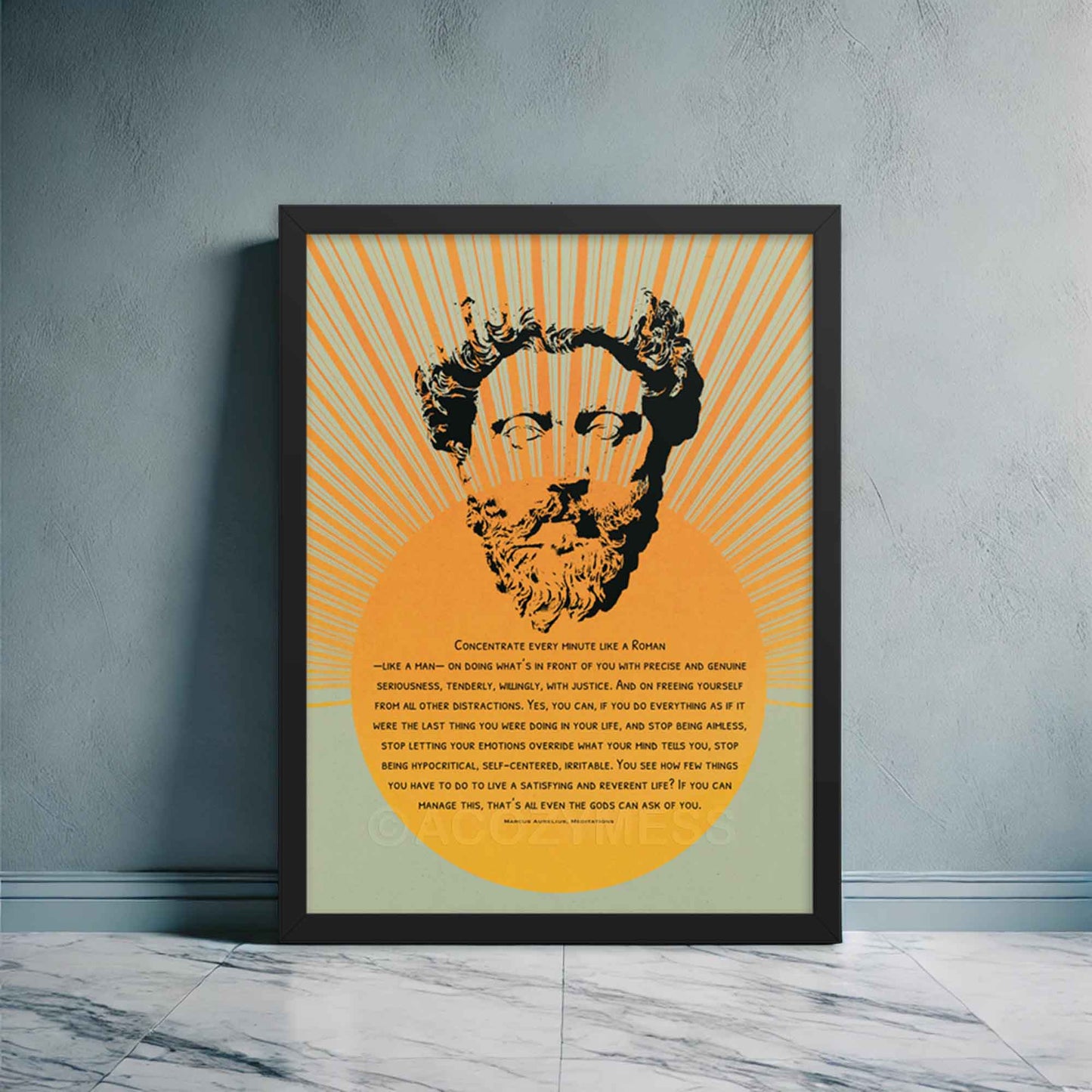 Stoic Poster with quote on Be like a roman, with Marcus Aurelius portrait in blue, black and yellow colors in black frame