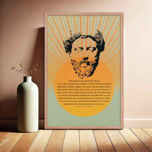 Stoic Poster with quote on Be like a roman, with Marcus Aurellius portrait in blue, black and yellow colors in oakwood frame