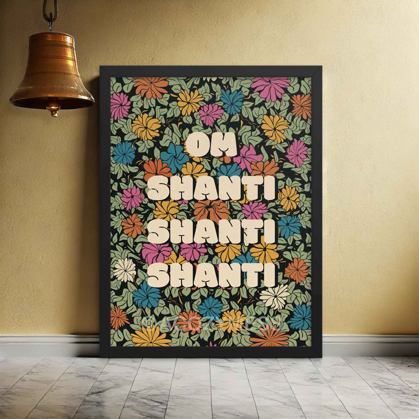 Om shanti mantra floral poster in black frame.