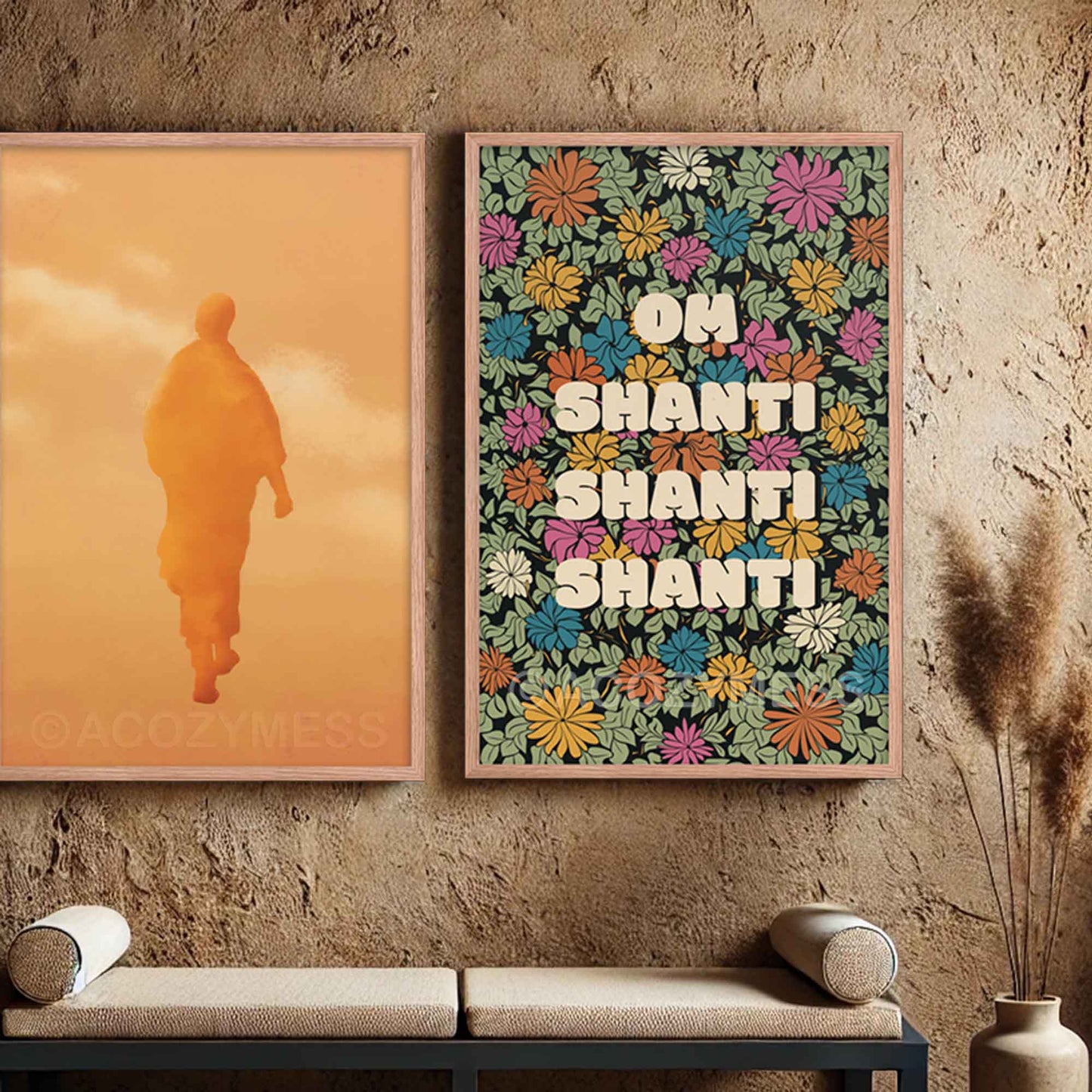 Om shanti mantra colorful floral art print and walking meditation poster of a monk walking in oakwood frame.