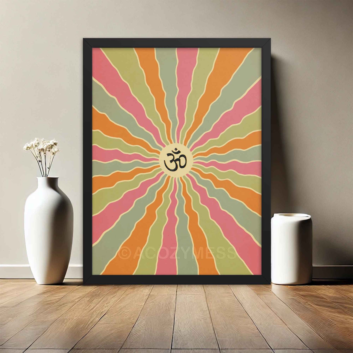 Om Poster, Colorful Yoga room art in black frame