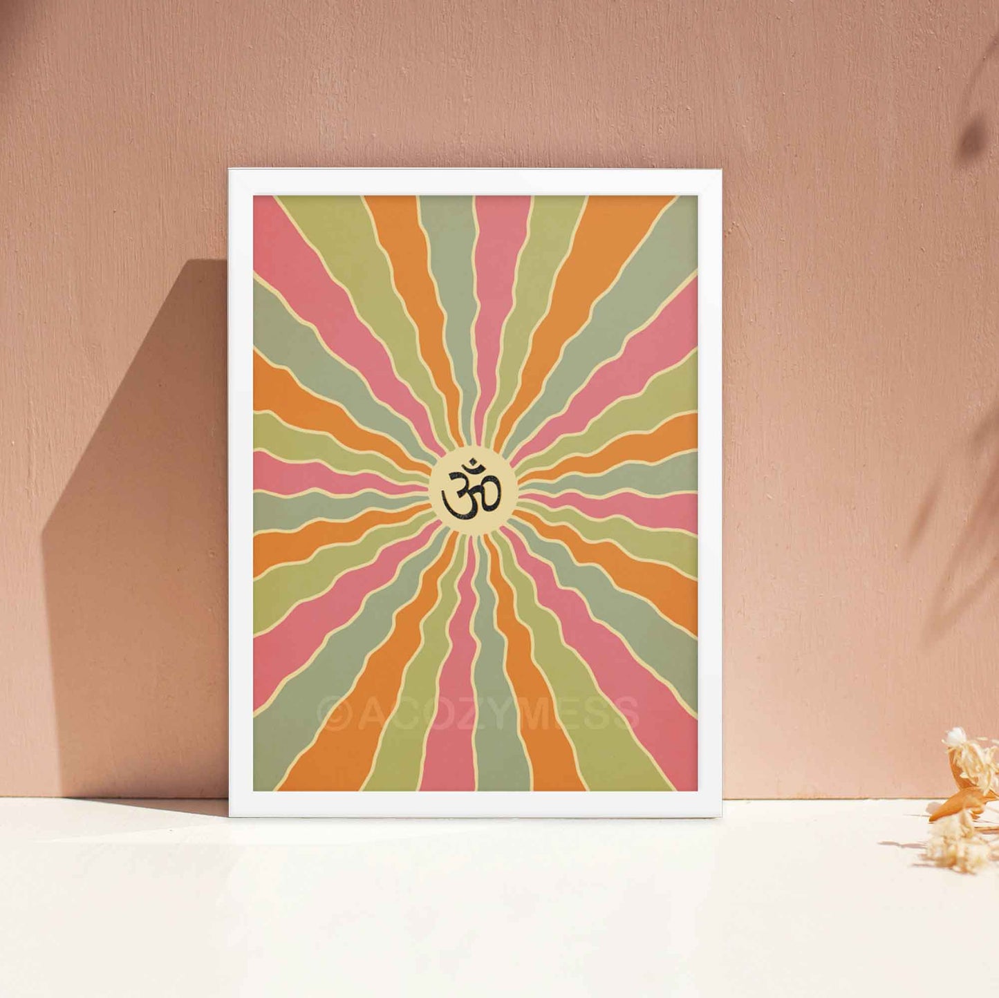 Om Poster, Spiral design Colorful Yoga room art in white frame