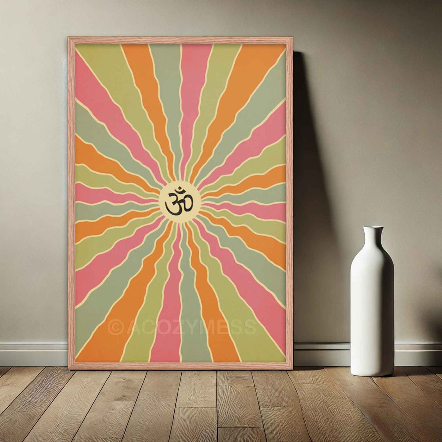 Om Poster, Colorful Yoga room art in oakwood frame