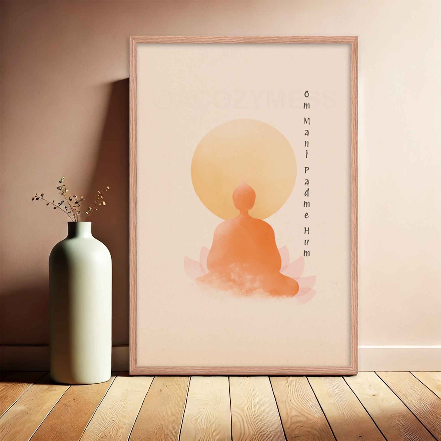 om mani padme hum poster with Buddha in meditation, lotus wall art, displayed in oak frame.