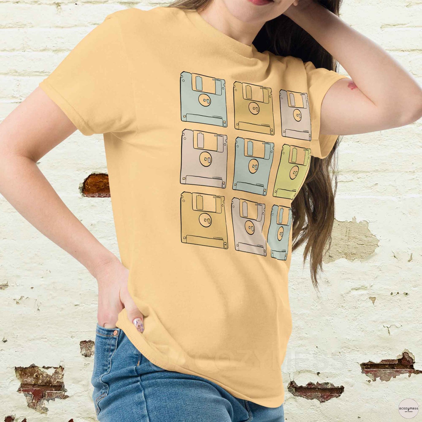 floppy disk art tech tshirt retro style in light yellow color