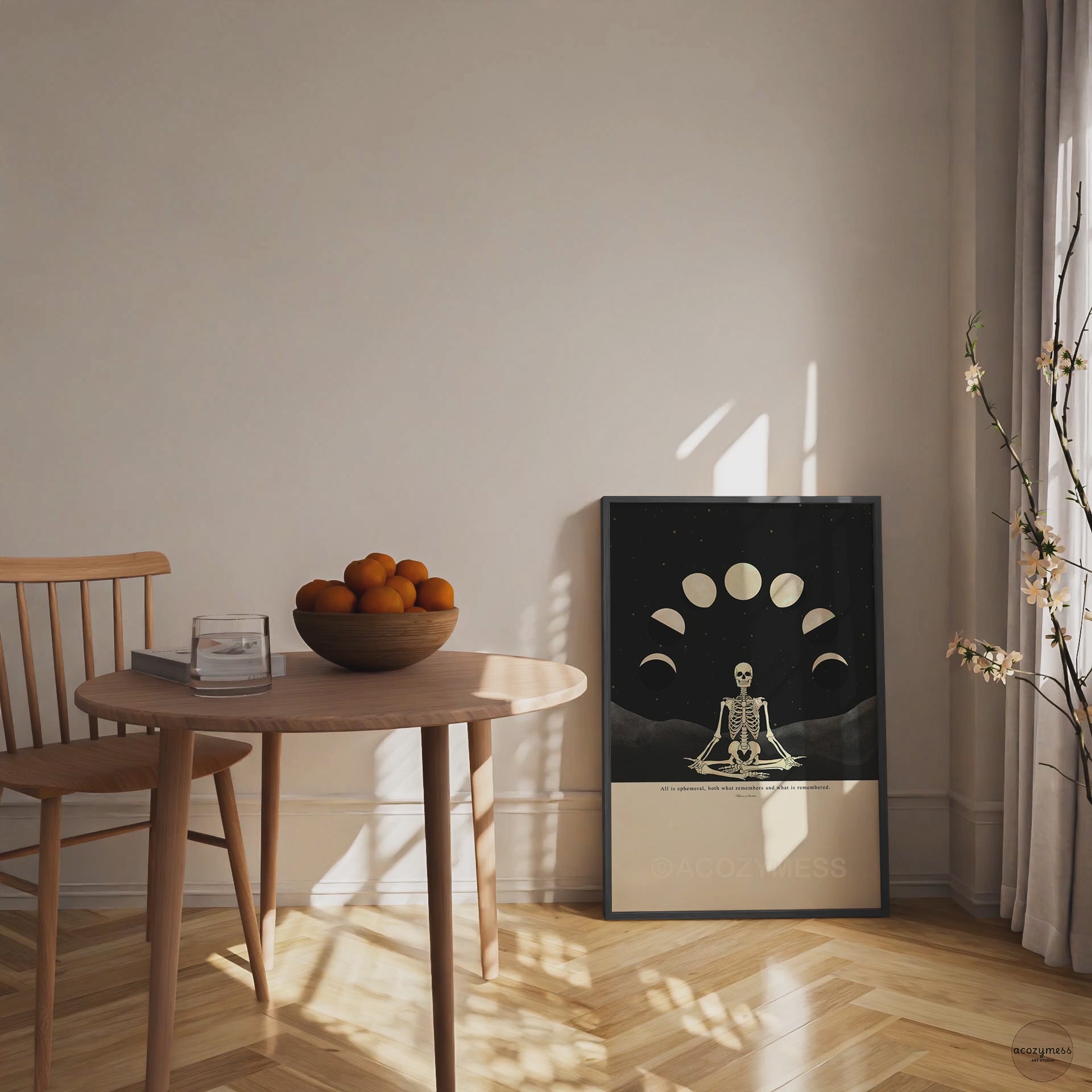 Framed Marcus Aurelius poster with skeleton and moon phase illustration, printed on beige background and displayed in sleek black wooden frame, ready to hang philosophy wall art