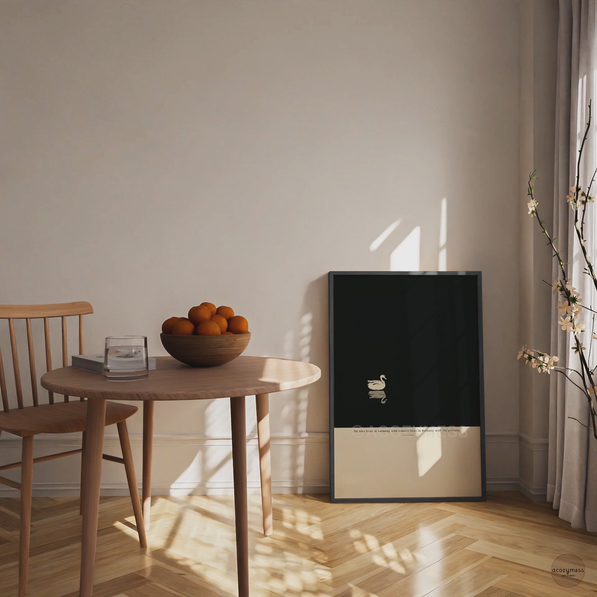 harmony with universe By Marcus Aurelius in black and beige colors in black frame.