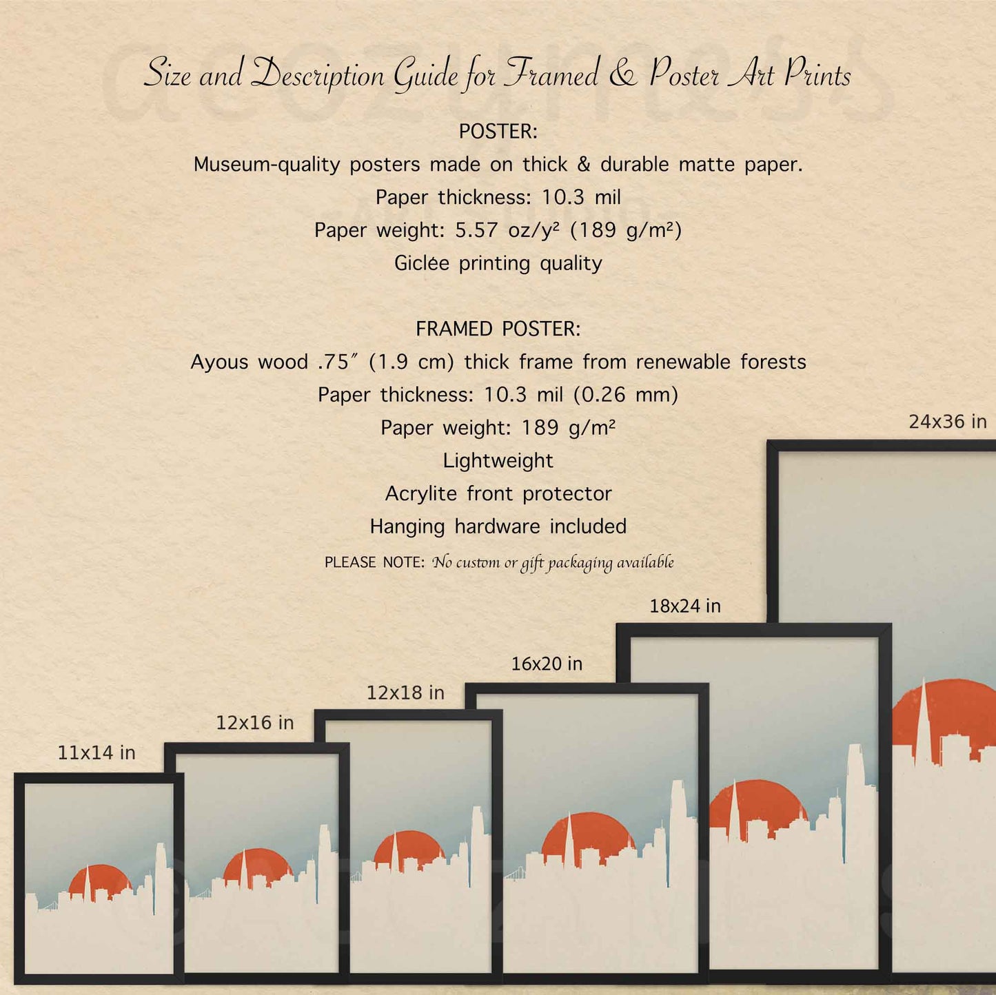 size and description deatils of an francisco poster available both as framed and unframed option.
